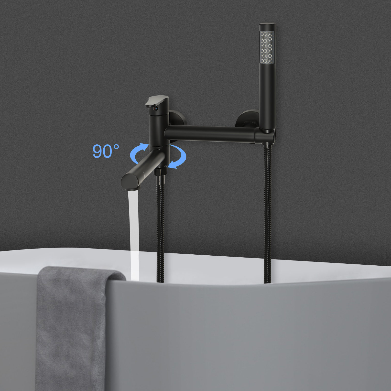 Badewannenarmatur mit Handbrause Wandmontage Badewannenhahn Schwarz Wasserhahn für Badezimmer 90° Drehbaren Auslauf
