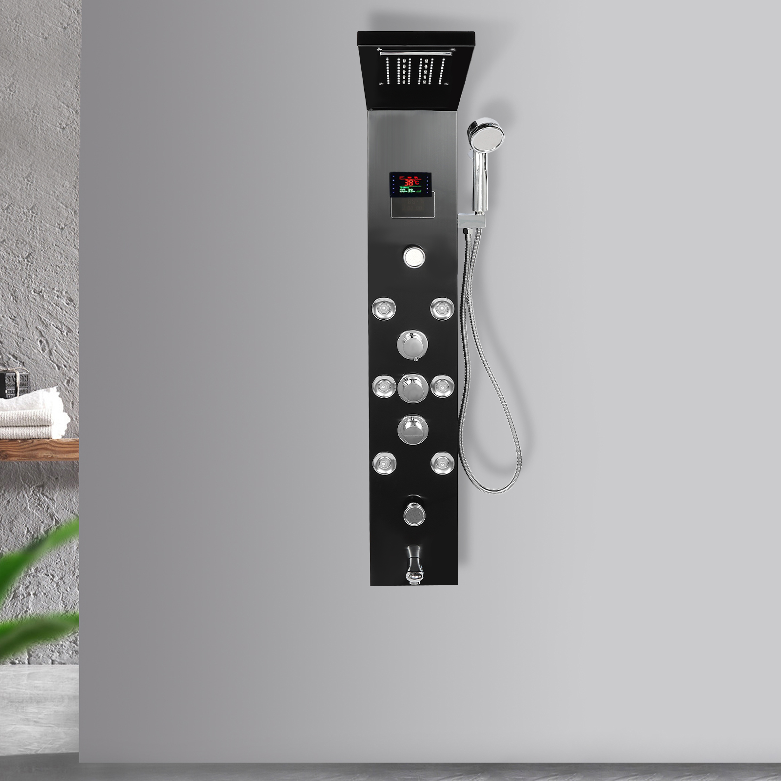 LED Duschpaneel Turmsystem Wasserkraft Display Dusche 6 Funktionen für Badezimmer mit Kopf Schwarz