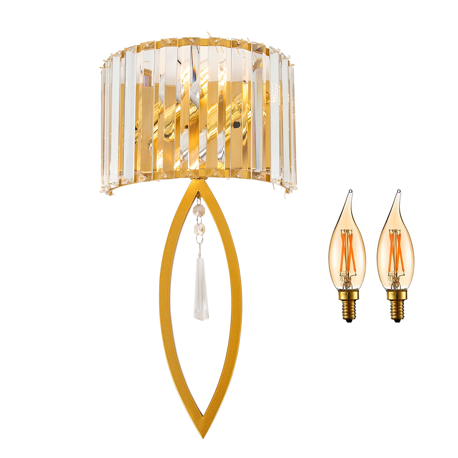Kristall-Wandlampe, goldene Wandlampe, Wandlampe, geeignet für Eingangstüren, Schlafzimmer, Wohnzimmer, Esszimmer, Arbeitszimmer, 2 Hochleistungs-E14-Glühbirnen