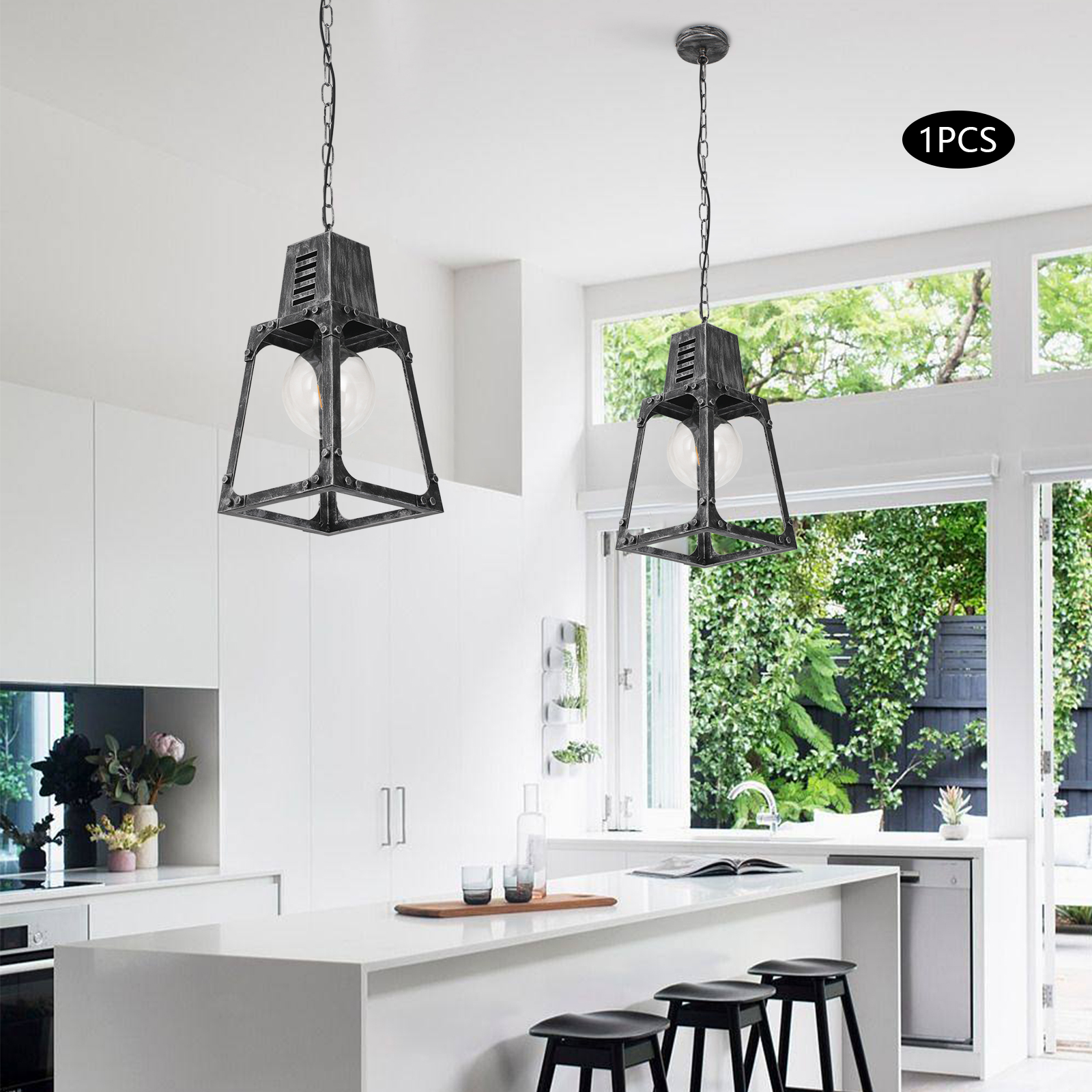 Bauernhaus-Kronleuchter für Esszimmer, rustikale Kücheninsel-Leuchte, 1-flammige lineare Pendelleuchte, Kronleuchter, quadratische Deckenleuchte aus Metall