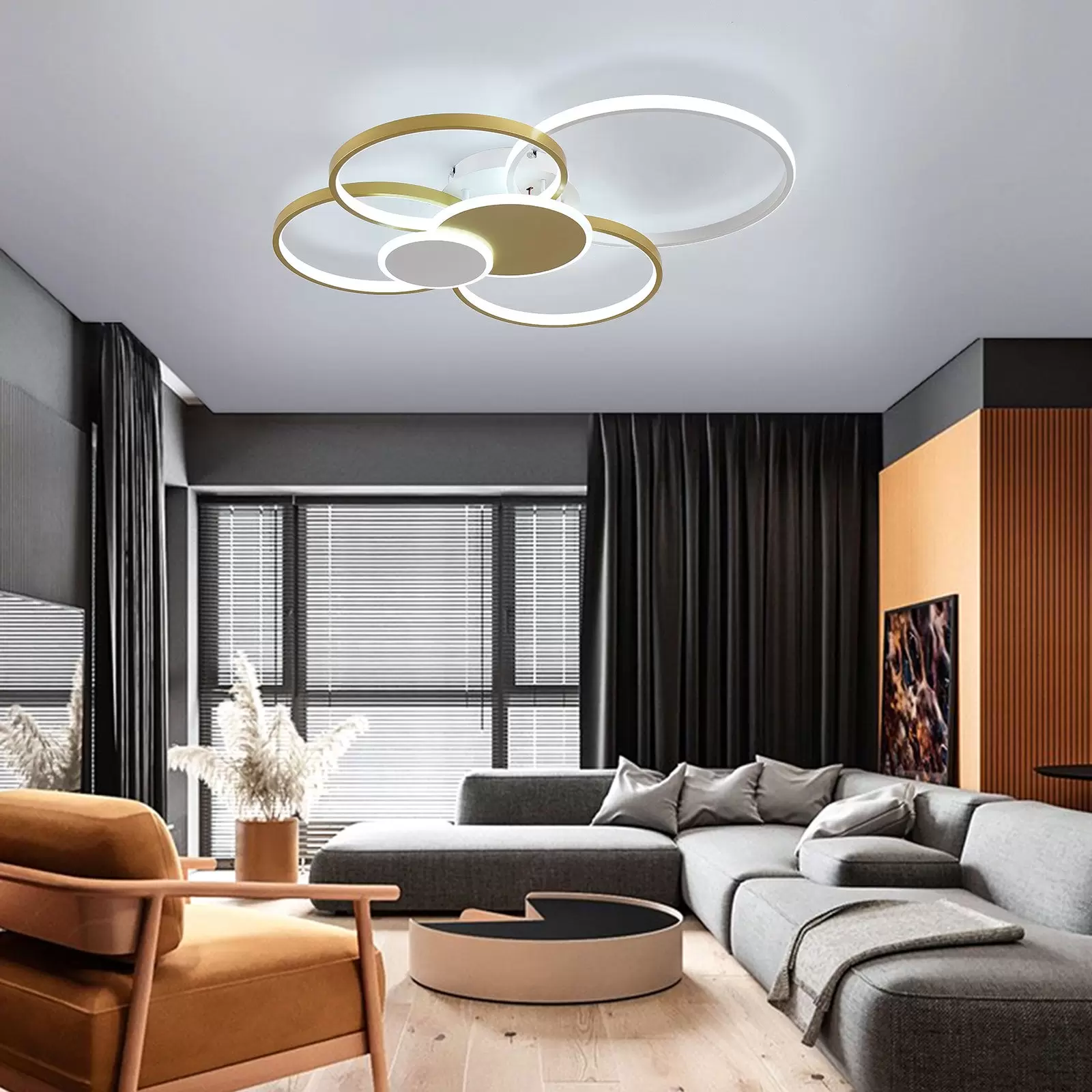 Moderne LED Deckenleuchte 65W dimmbare LED Deckenleuchte mit Fernbedienung 6 Ringe Unterputz Deckenleuchte Gold Deckenleuchter