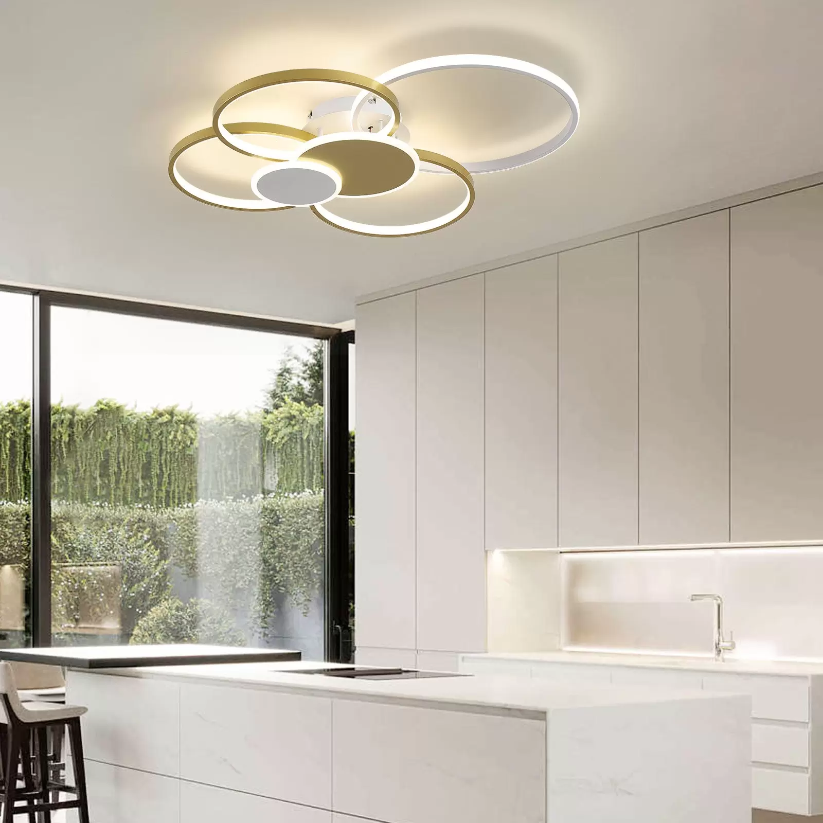 Moderne LED Deckenleuchte 65W dimmbare LED Deckenleuchte mit Fernbedienung 6 Ringe Unterputz Deckenleuchte Gold Deckenleuchter