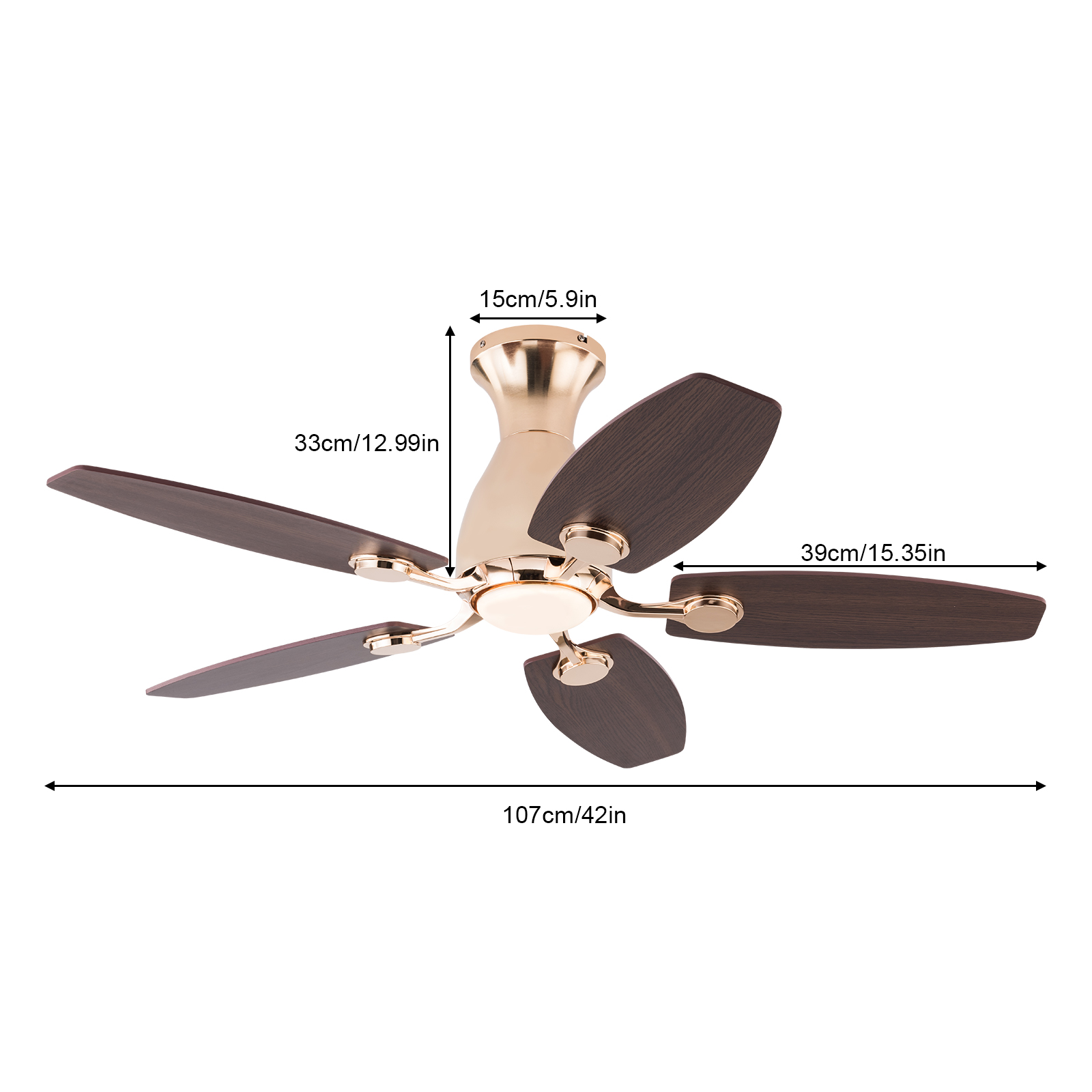 42 Zoll Deckenventilator mit Licht, Gold, dreifarbig mit Temperaturwechselrichter und Fernbedienung, Weitspannung