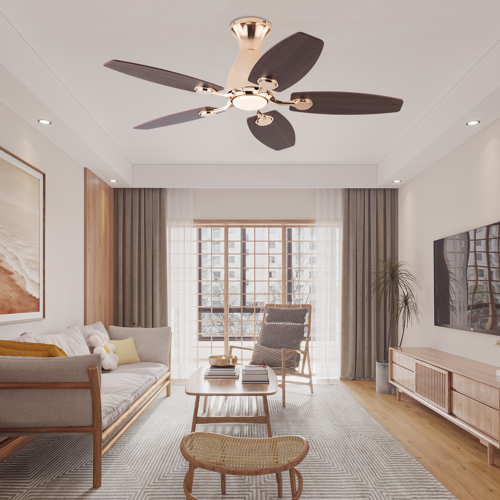 42 Zoll Deckenventilator mit Licht, Gold, dreifarbig mit Temperaturwechselrichter und Fernbedienung, Weitspannung