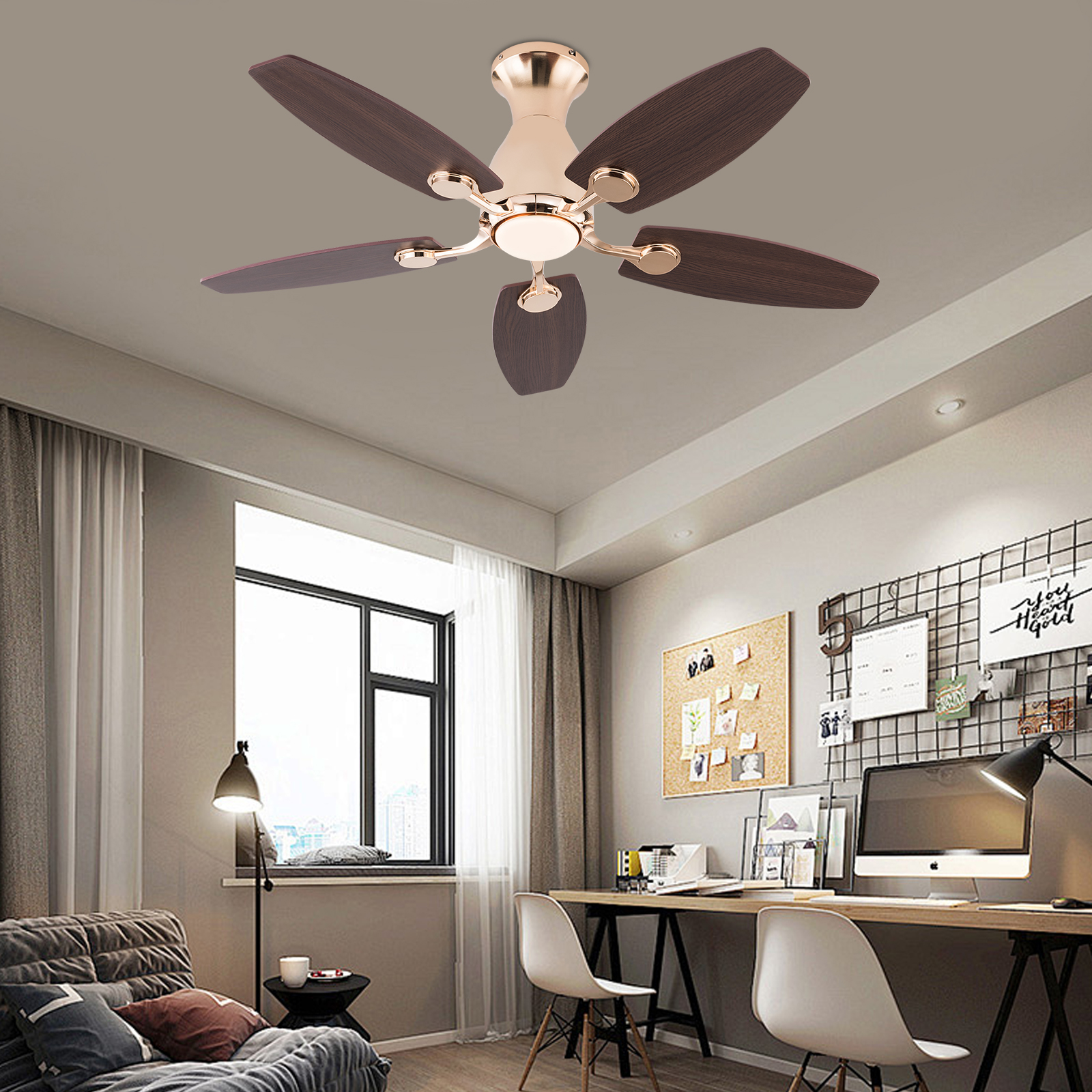 42 Zoll Deckenventilator mit Licht, Gold, dreifarbig mit Temperaturwechselrichter und Fernbedienung, Weitspannung