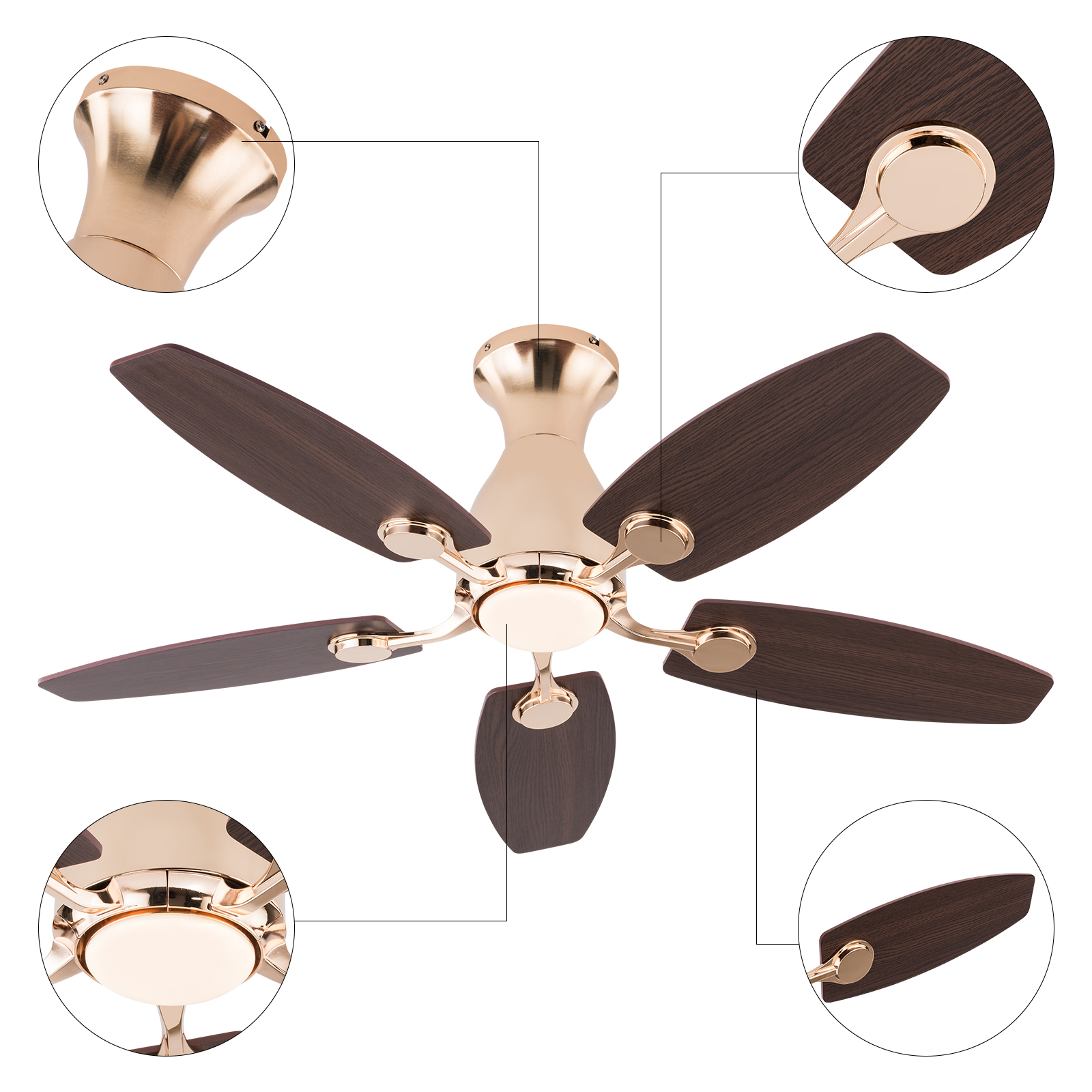 42 Zoll Deckenventilator mit Licht, Gold, dreifarbig mit Temperaturwechselrichter und Fernbedienung, Weitspannung