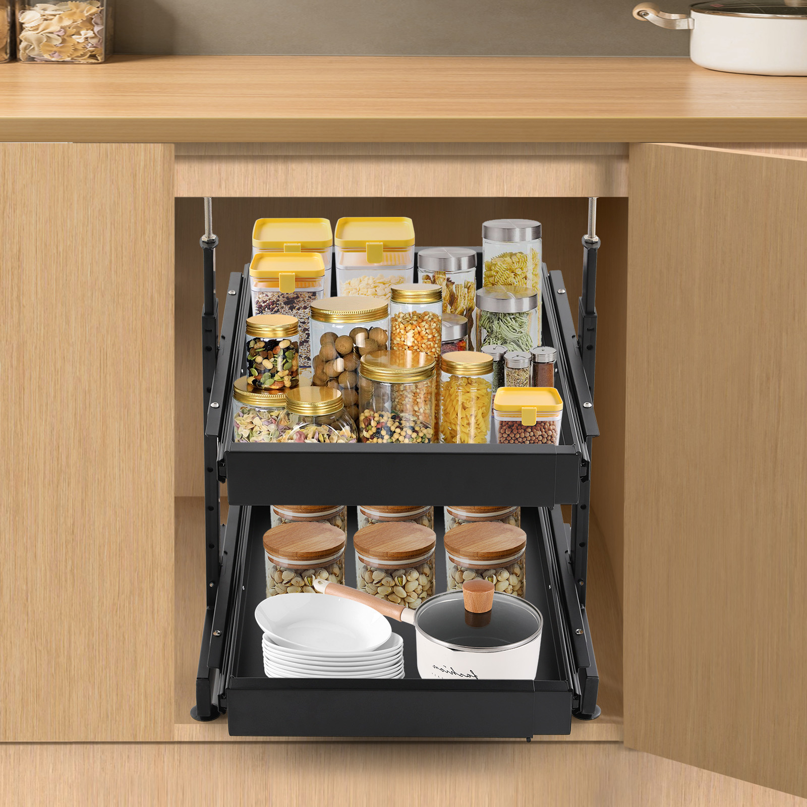 Uitbreidbaar Pull-out kabinet organisator, uitschuifbare laden voor kasten, Slide Out kabinet organisator