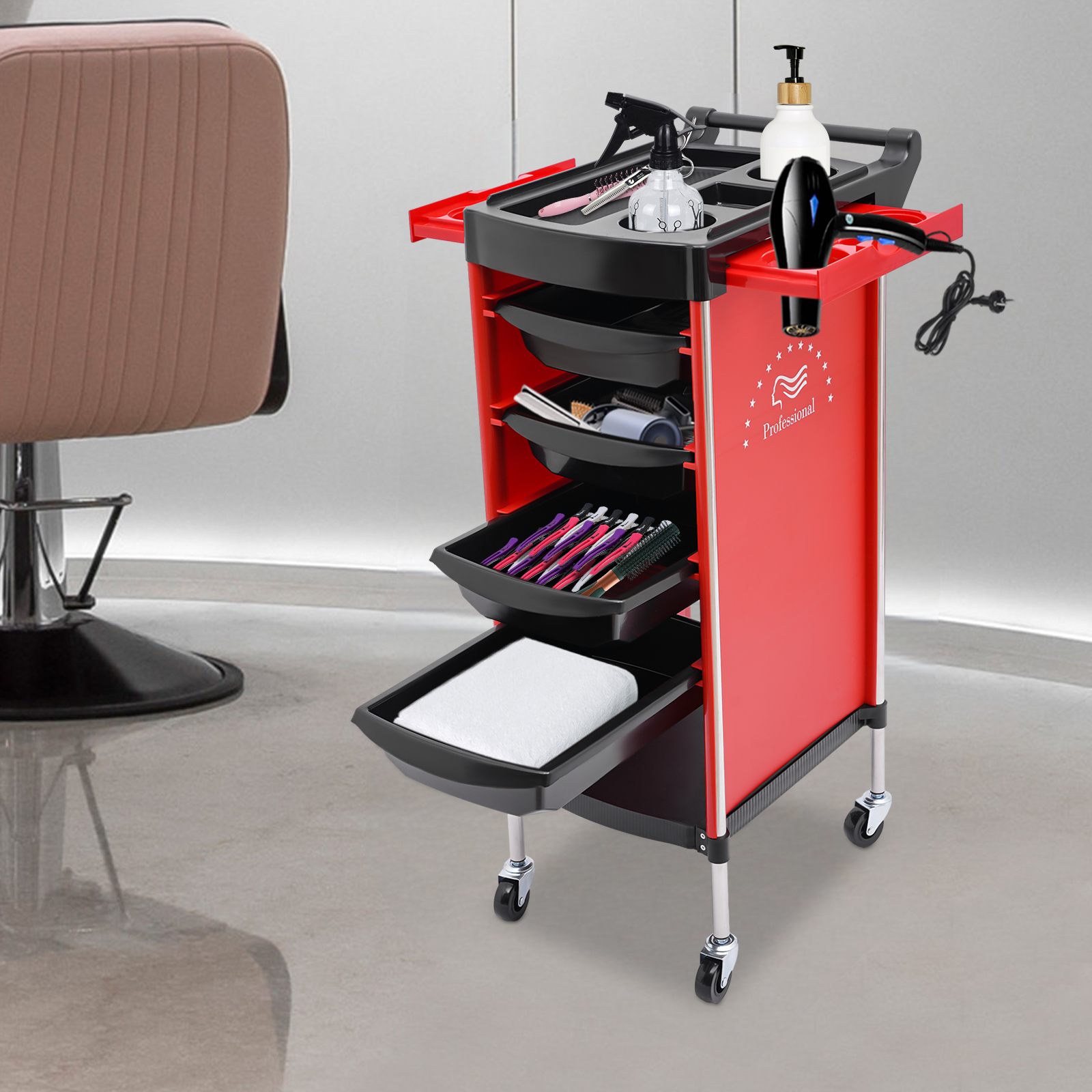 CNCEST Salonwagen, 6-stufiger Schubladen-Multifunktions-Salonwagen, Friseurregal mit Rädern CNCEST Salonwagen, 6-stufiger Schubladen-Multifunktions-Salonwagen, Friseurregal mit Rädern