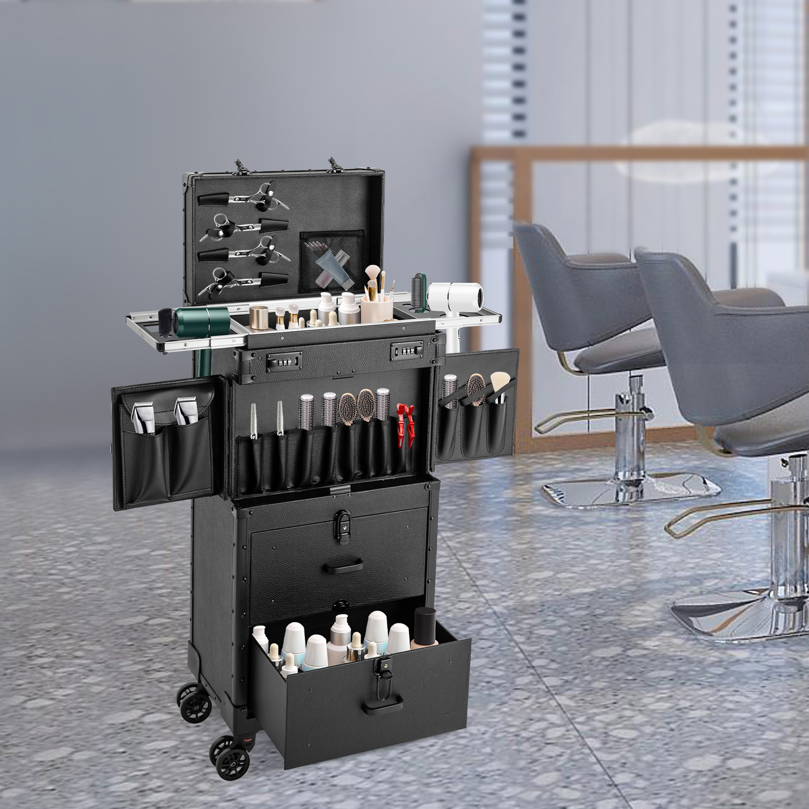 Make-up-Rollkoffer, großer Kosmetiktrolley, Roll-Make-up-Koffer, geeignet für professionelle Visagisten und Nageltechniker, Schwarz Make-up-Rollkoffer, großer Kosmetiktrolley, Roll-Make-up-Koffer, geeignet für professionelle Visagisten und Nageltechniker, Schwarz