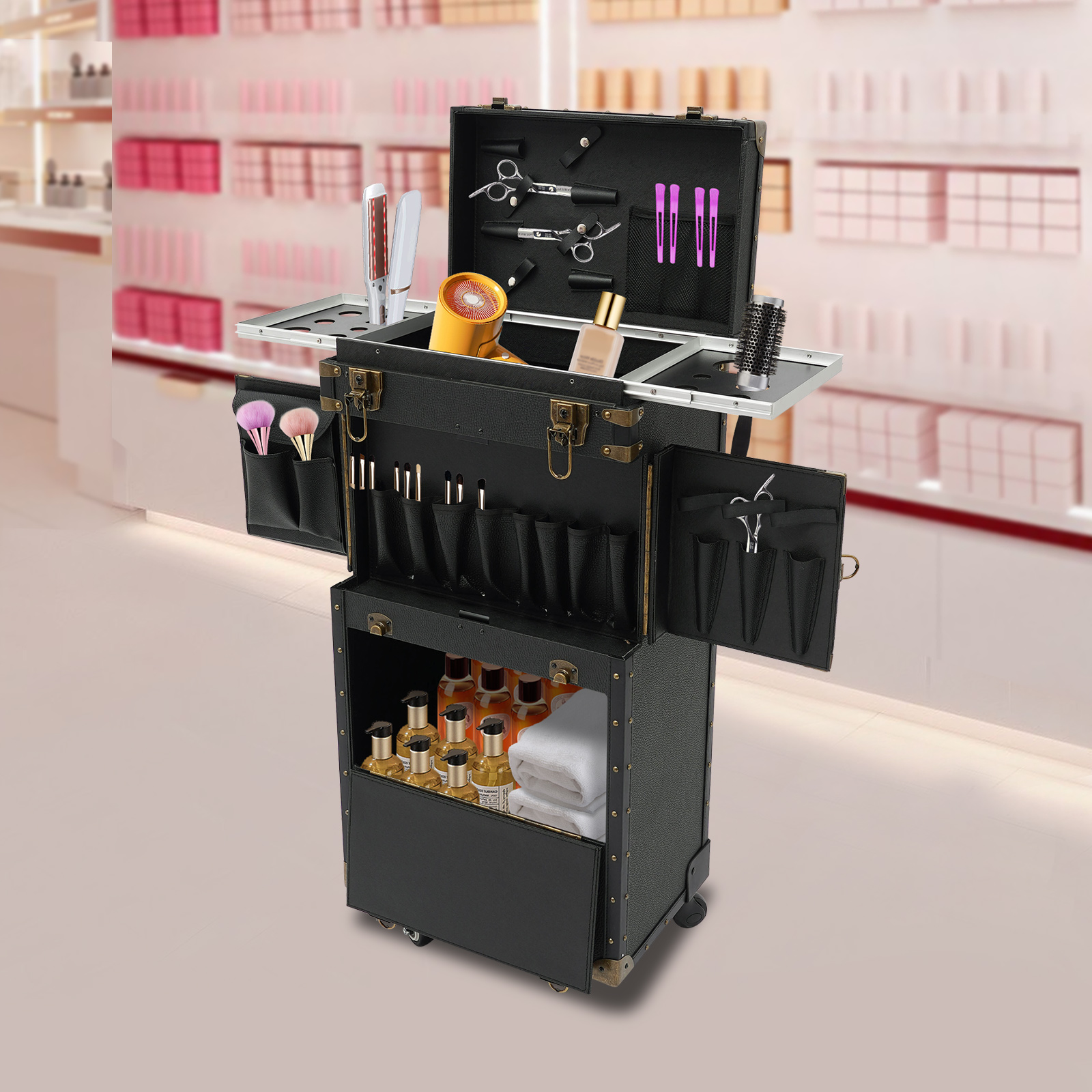 Rollkoffer für Make-up mit Schloss, Rollkoffer für Friseursalon mit Haartrocknerhalter