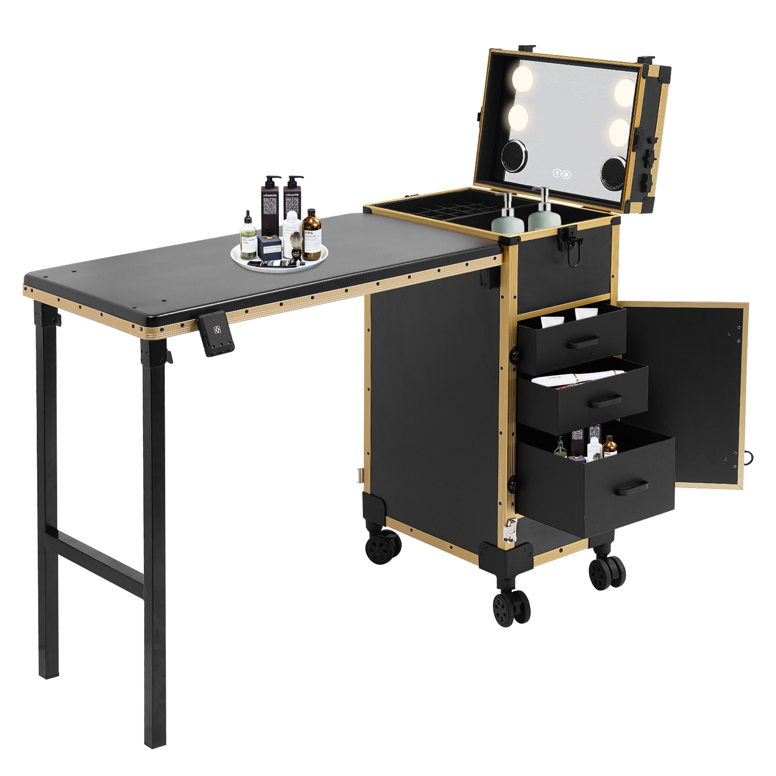 3 Drawers Travel Makeup Case, Makeup Case for Professional Makeup Artists, Makeup Case With Mirror - Gold frame
