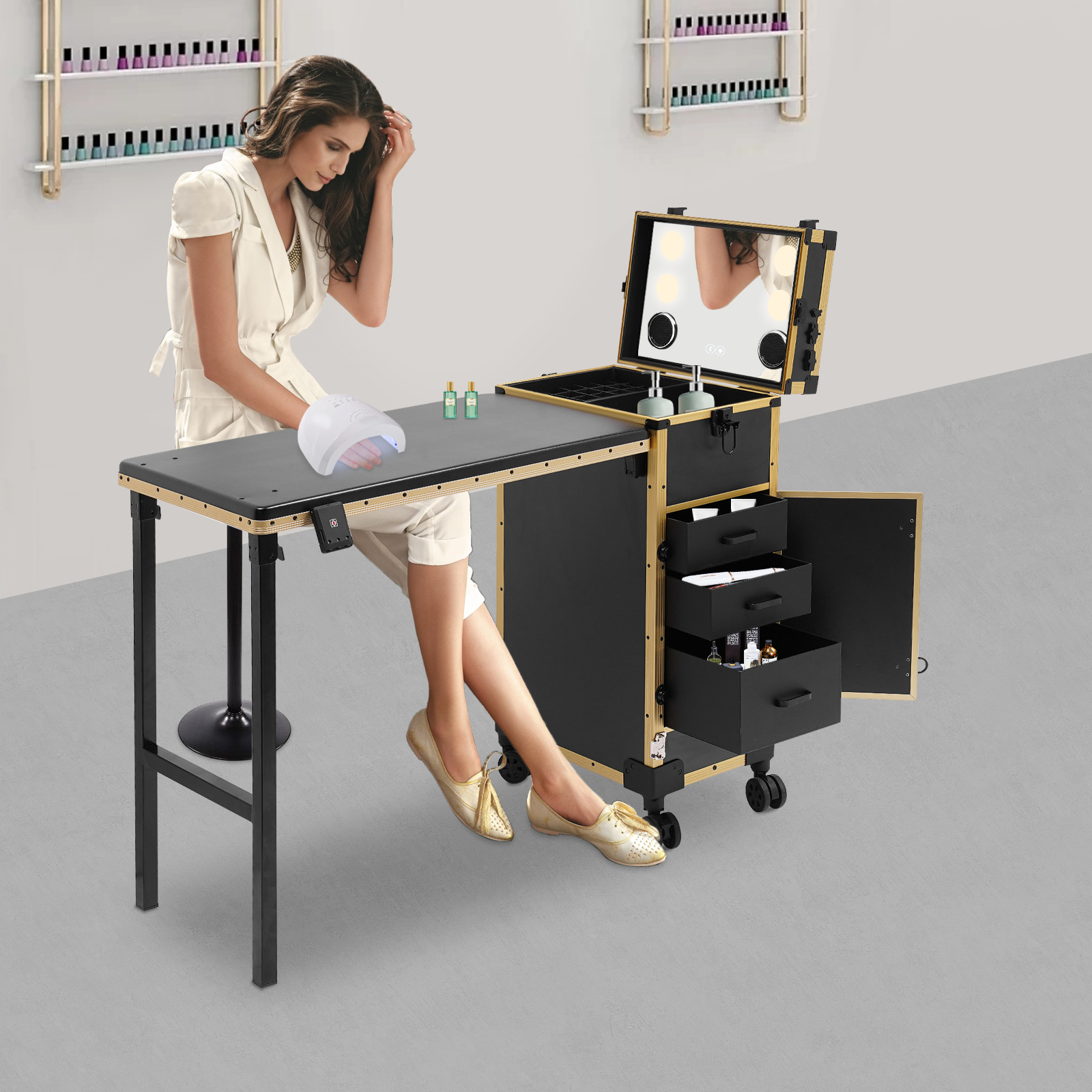 3 Drawers Travel Makeup Case, Makeup Case for Professional Makeup Artists, Makeup Case With Mirror - Gold frame