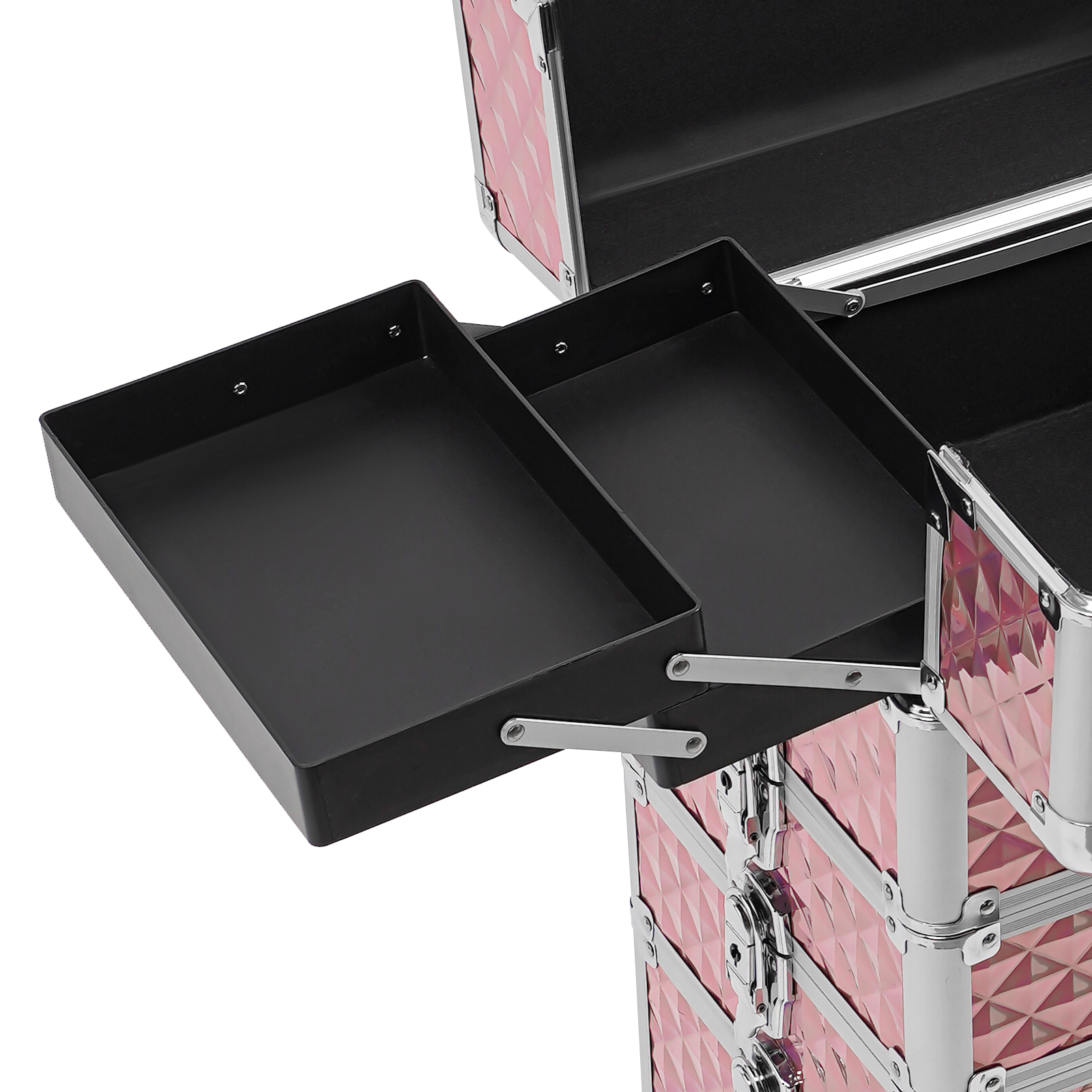 Estuche de Cosméticos 4 en 1, Maletín de Maquillaje con Ruedas de Aleación de Aluminio + ABS, Grande para Maquilladores Profesionales - Rosa