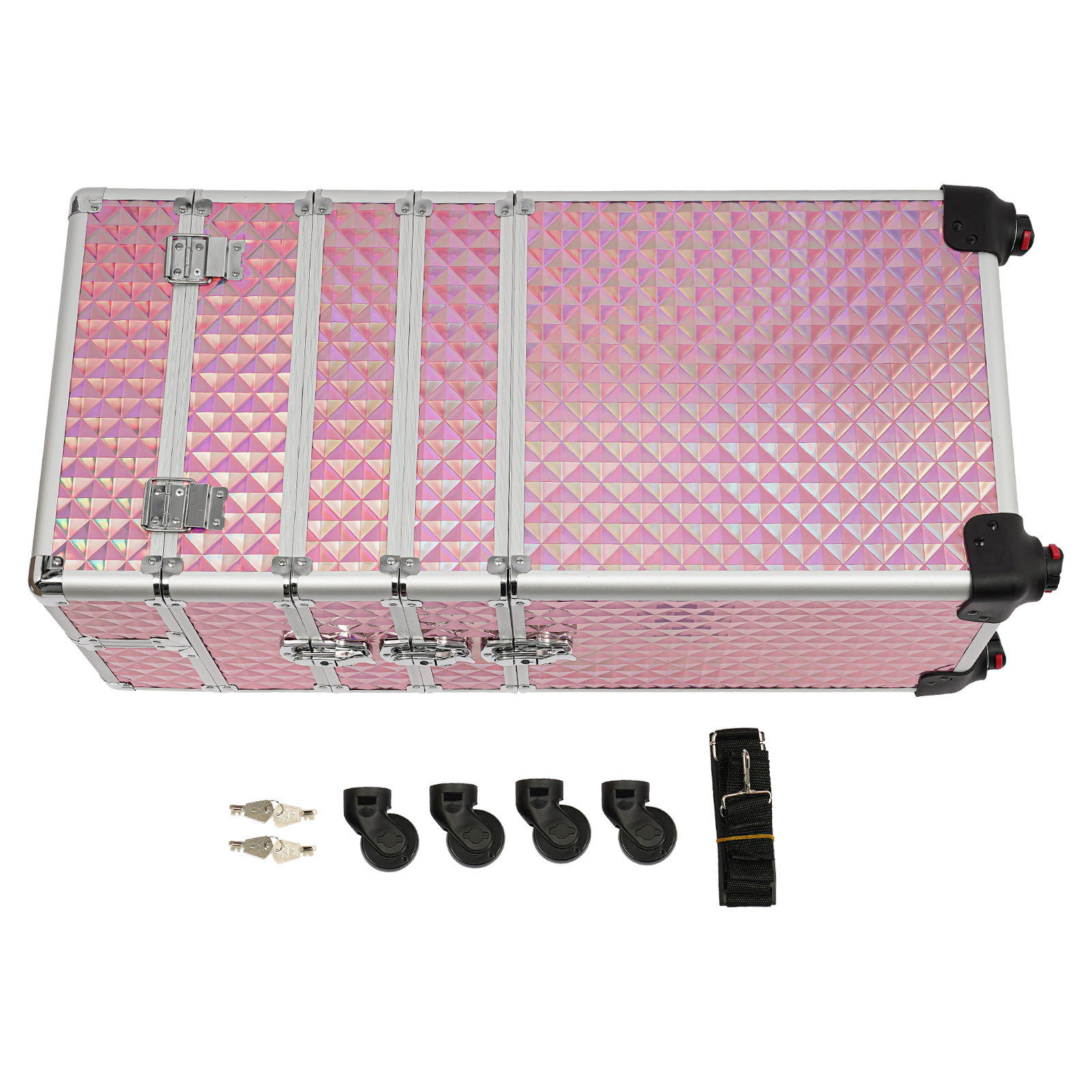 Estuche de Cosméticos 4 en 1, Maletín de Maquillaje con Ruedas de Aleación de Aluminio + ABS, Grande para Maquilladores Profesionales - Rosa