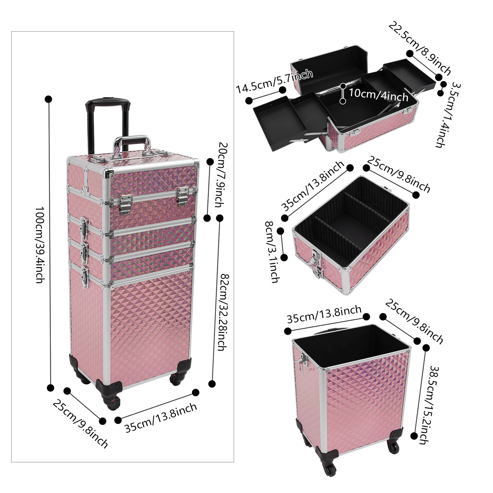 Estuche de Cosméticos 4 en 1, Maletín de Maquillaje con Ruedas de Aleación de Aluminio + ABS, Grande para Maquilladores Profesionales - Rosa