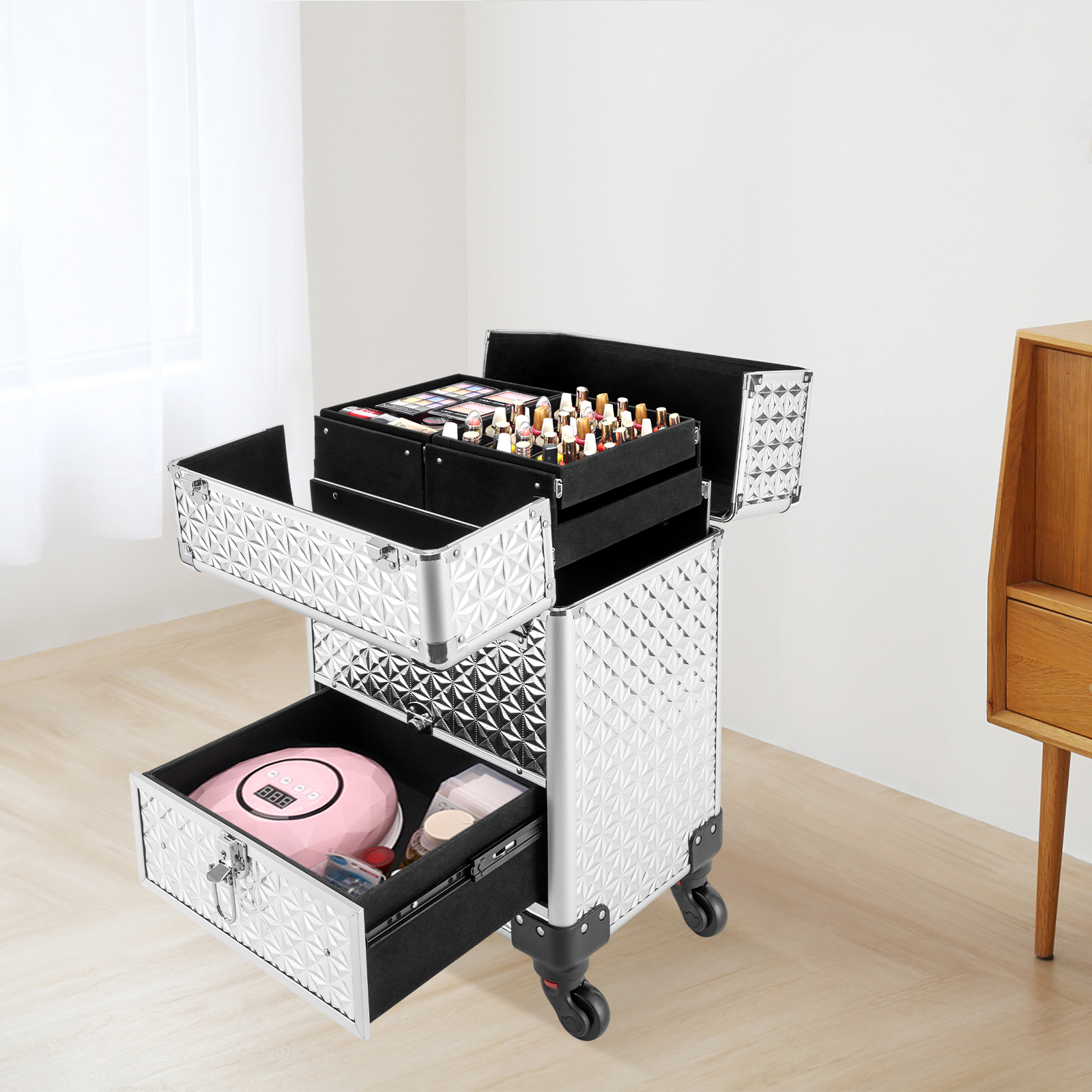 Nagelkoffer mit Rollen, Maniküre-Aufbewahrungskoffer, Nagellack-Organizer, professioneller Make-up-Trolley