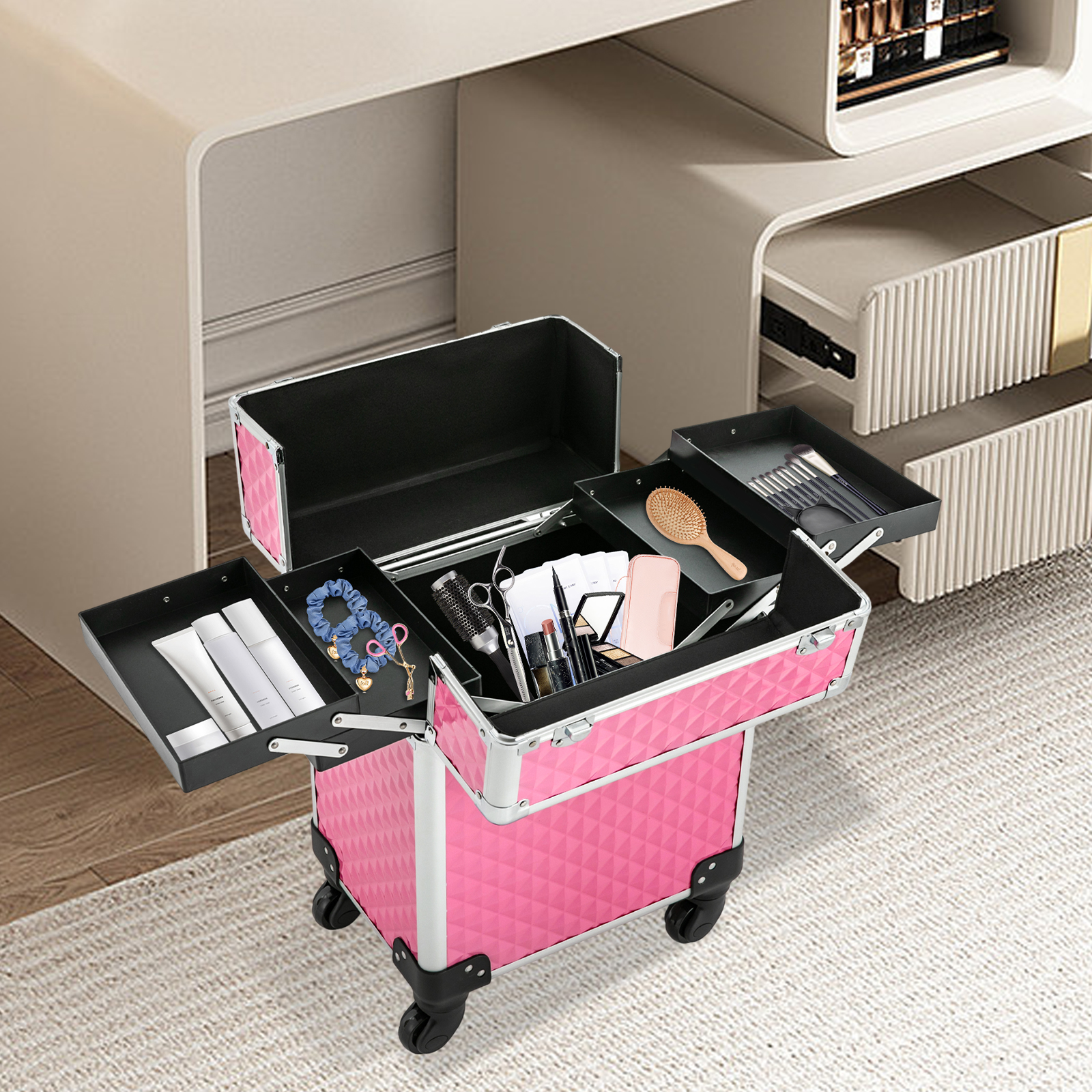 Professioneller Make-up-Koffer, multifunktionaler Kosmetikkoffer, großer Nagel-Trolley, Pfirsich Professioneller Make-up-Koffer, multifunktionaler Kosmetikkoffer, großer Nagel-Trolley, Pfirsich