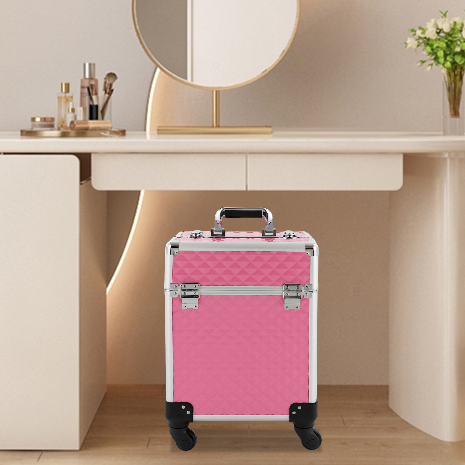 Professioneller Make-up-Koffer, multifunktionaler Kosmetikkoffer, großer Nagel-Trolley, Pfirsich Professioneller Make-up-Koffer, multifunktionaler Kosmetikkoffer, großer Nagel-Trolley, Pfirsich