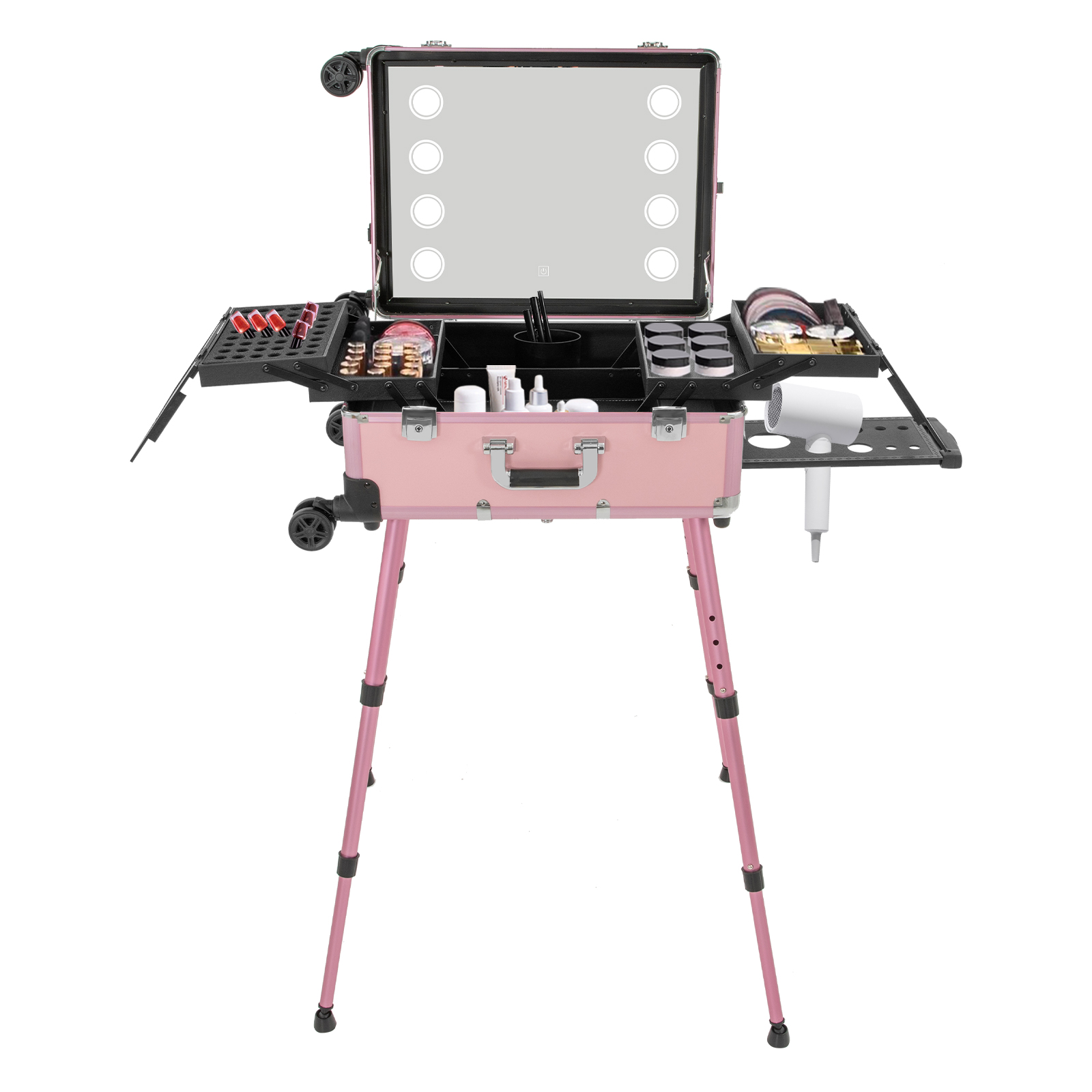 CNCEST Rollen Makeup Zug Koffer mit beleuchtetem Spiegel große Make-up Kosmetik Orgainzer Box Reisekoffer mit Bluetooth Professionelle Tragbare Aluminiumlegierung Trolley Salonstation - Rosa