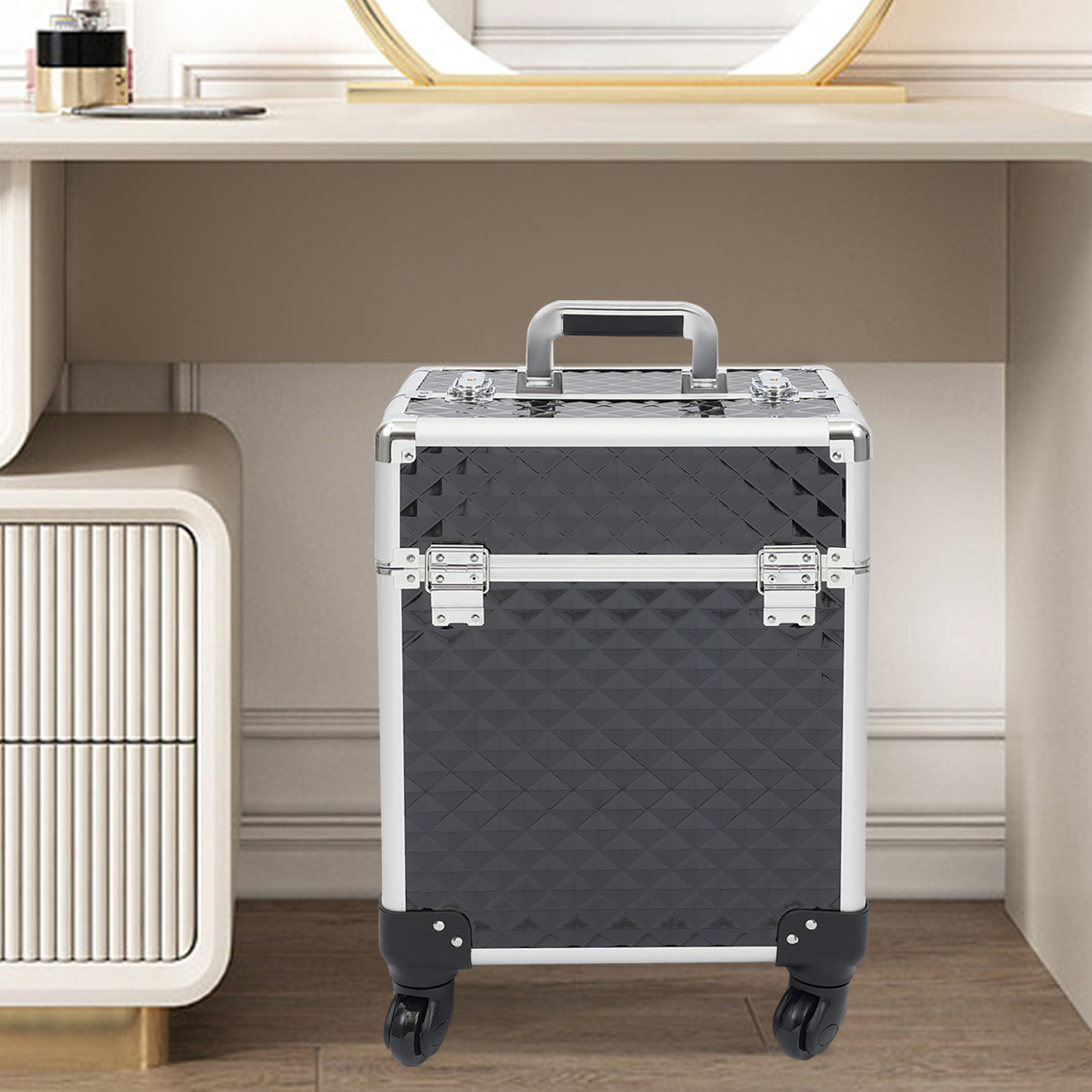 Professioneller Make-up-Koffer, multifunktionaler Kosmetikkoffer, großer Nagel-Trolley-Koffer, Schwarz Professioneller Make-up-Koffer, multifunktionaler Kosmetikkoffer, großer Nagel-Trolley-Koffer, Schwarz