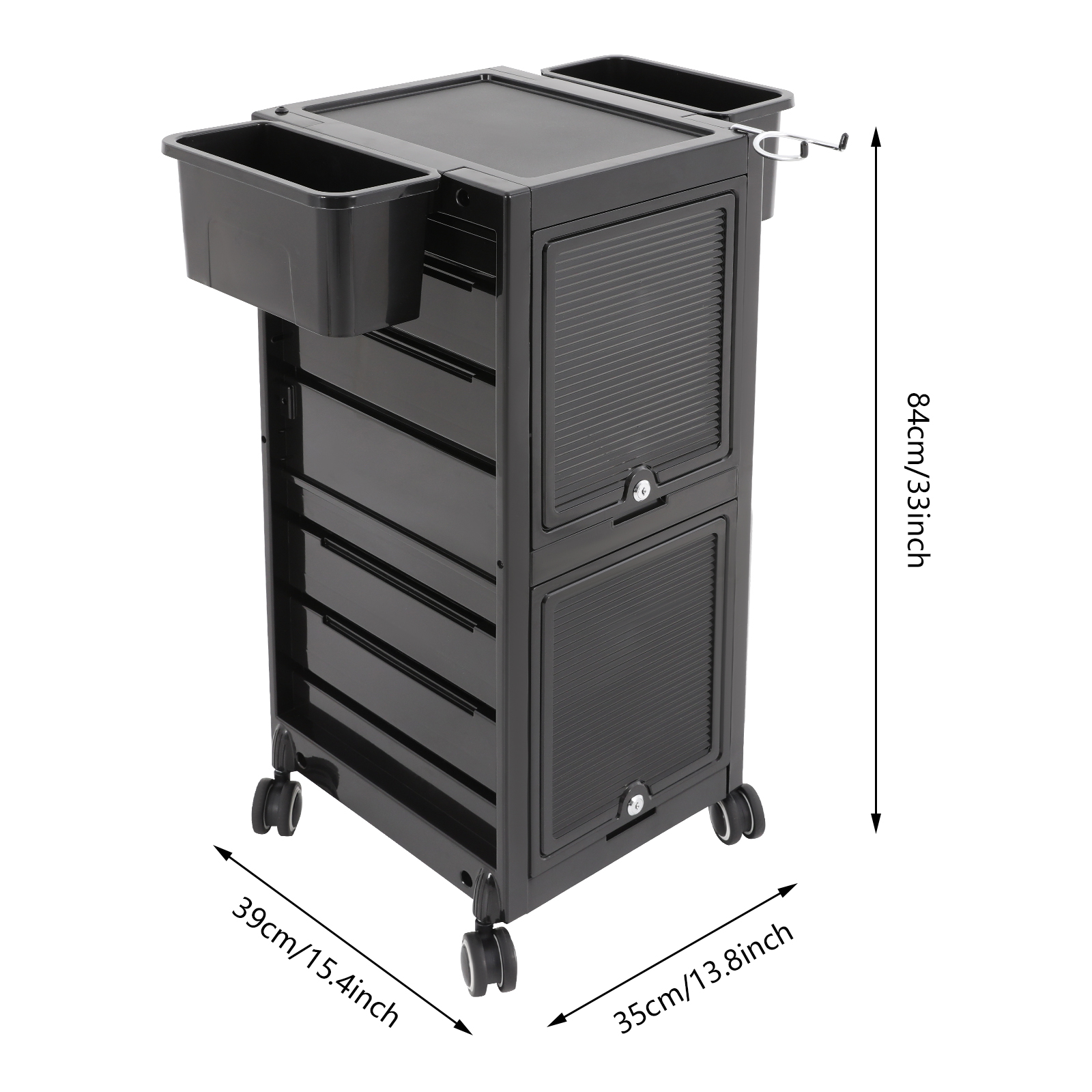 Double Door Drawer Salon Storage Cart, Rolling Salon Cart, Storage Cart with 6 Trays & 2 Storage Baskets