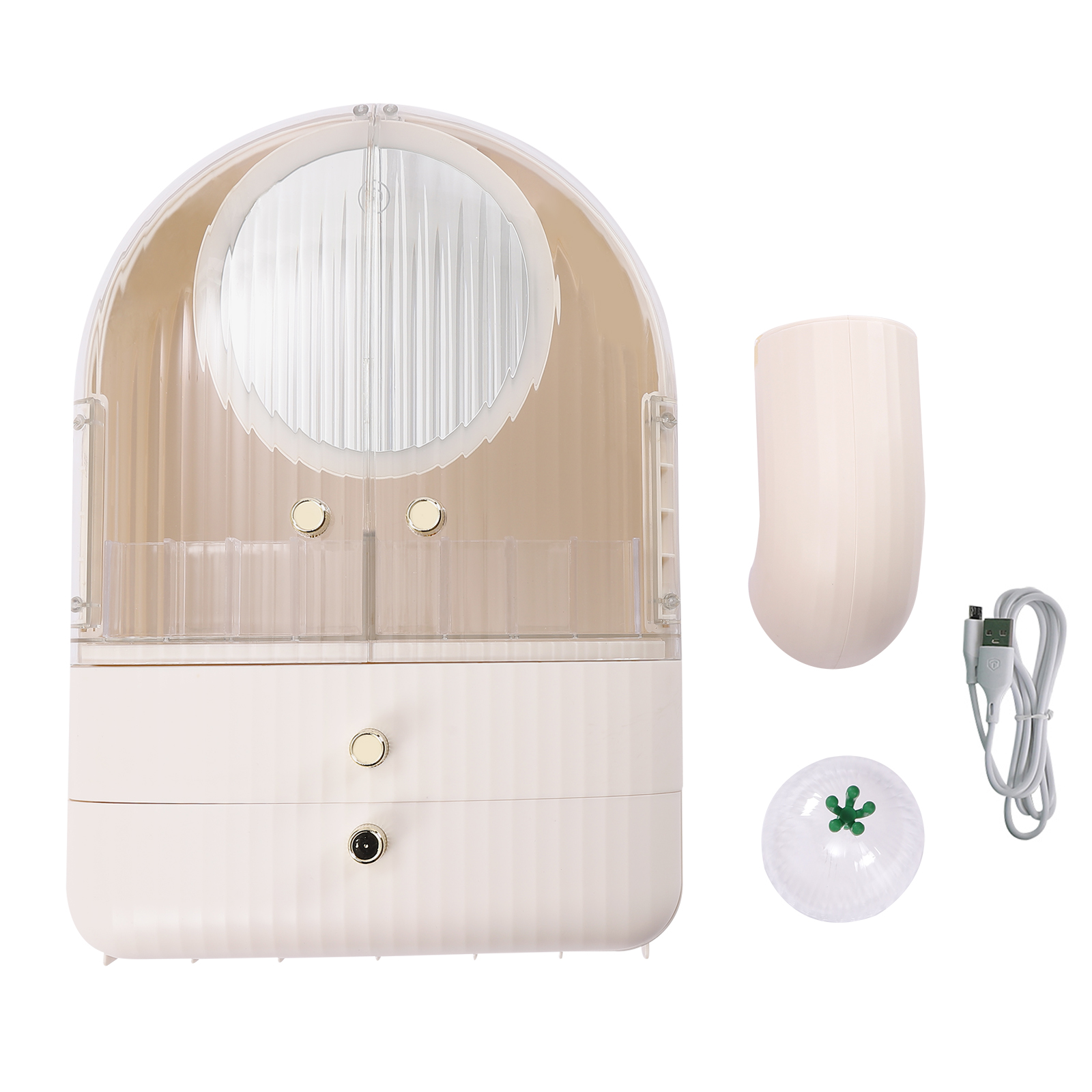 Einzigartiger tragbarer Make-up-Organizer mit Staubschutzhülle in Kaktusform, mit 2 Schubladen, LED-Leuchten und Spiegel, Weiß Einzigartiger tragbarer Make-up-Organizer mit Staubschutzhülle in Kaktusform, mit 2 Schubladen, LED-Leuchten und Spiegel, Weiß