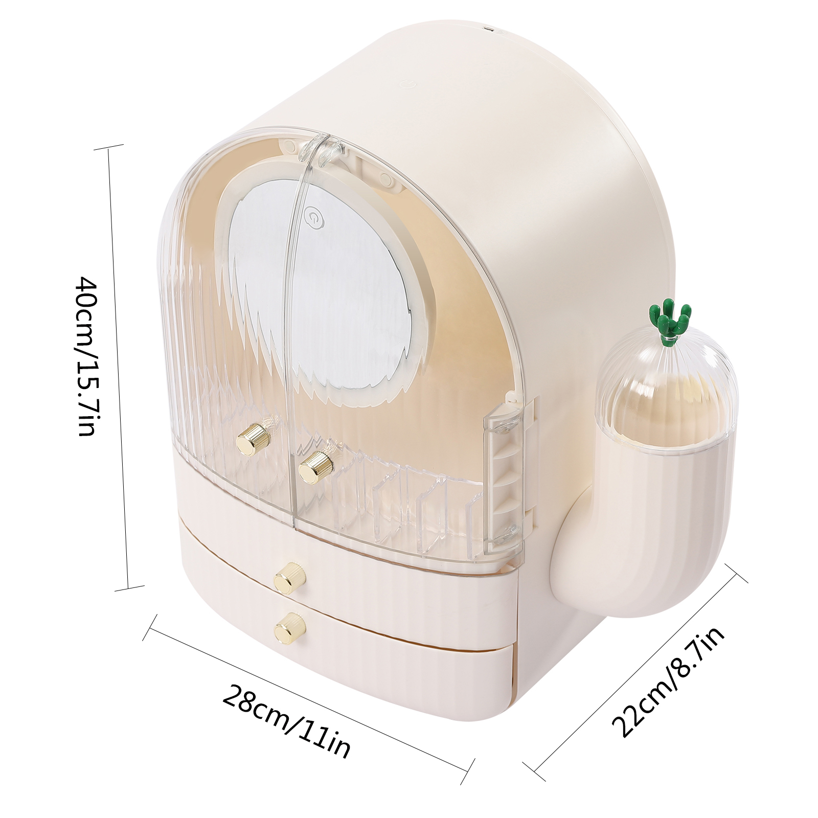 Einzigartiger tragbarer Make-up-Organizer mit Staubschutzhülle in Kaktusform, mit 2 Schubladen, LED-Leuchten und Spiegel, Weiß Einzigartiger tragbarer Make-up-Organizer mit Staubschutzhülle in Kaktusform, mit 2 Schubladen, LED-Leuchten und Spiegel, Weiß