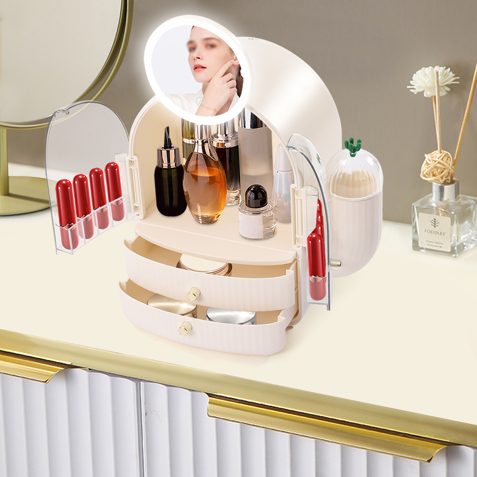 Einzigartiger tragbarer Make-up-Organizer mit Staubschutzhülle in Kaktusform, mit 2 Schubladen, LED-Leuchten und Spiegel, Weiß