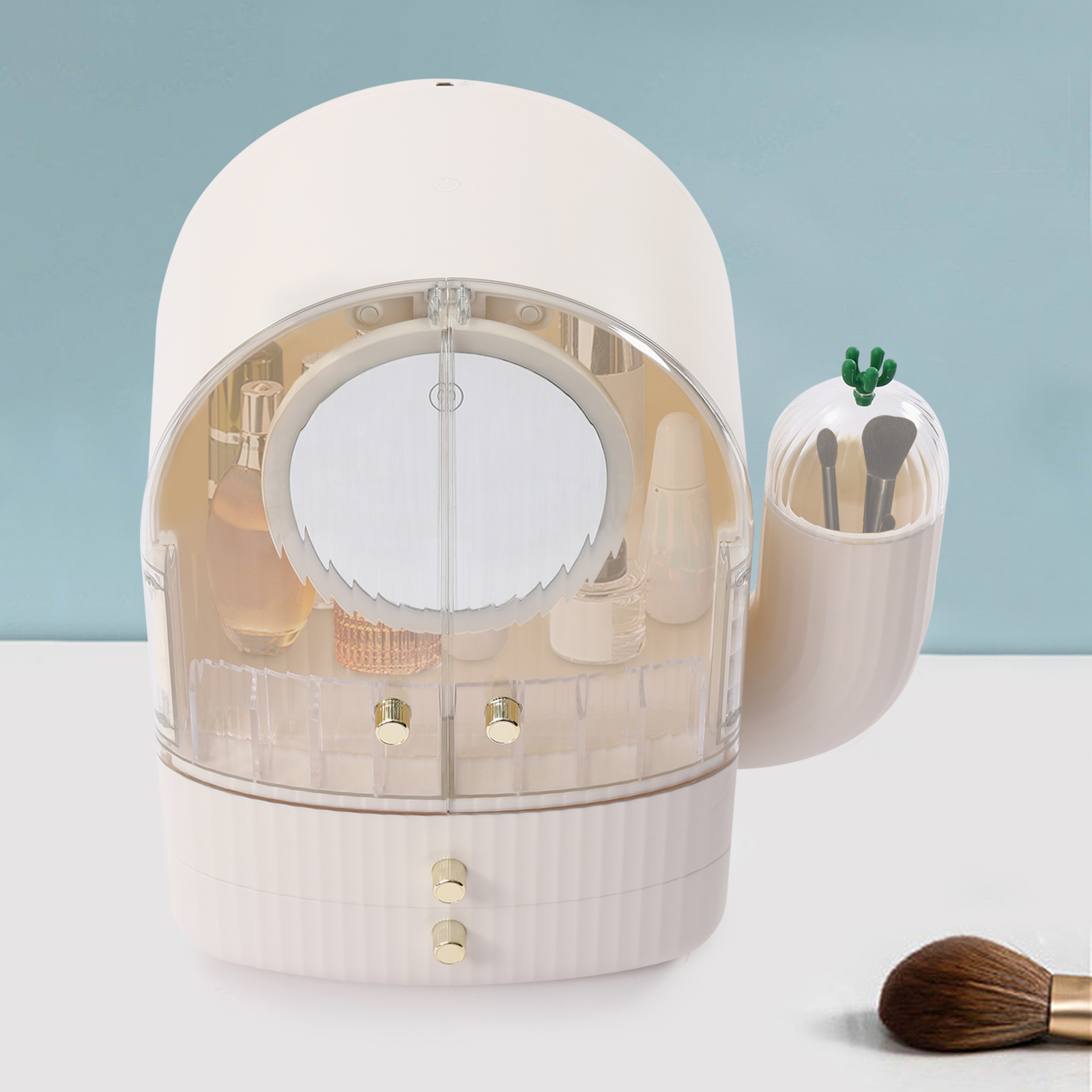 Einzigartiger tragbarer Make-up-Organizer mit Staubschutzhülle in Kaktusform, mit 2 Schubladen, LED-Leuchten und Spiegel, Weiß Einzigartiger tragbarer Make-up-Organizer mit Staubschutzhülle in Kaktusform, mit 2 Schubladen, LED-Leuchten und Spiegel, Weiß