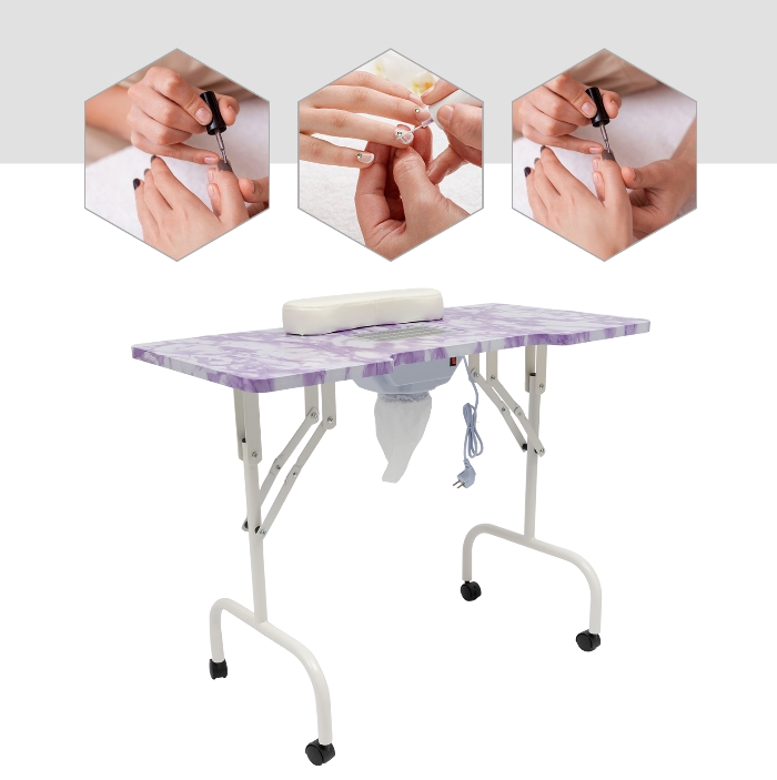 Quadratischer Maniküretisch mit violettem Steinmuster, mit Staubsauger, PVC-Material, bürstenloser Motor aus reinem Kupfer, Violett