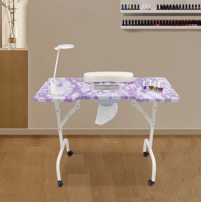 Quadratischer Maniküretisch mit violettem Steinmuster, mit Staubsauger, PVC-Material, bürstenloser Motor aus reinem Kupfer, Violett