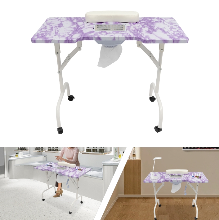 Quadratischer Maniküretisch mit violettem Steinmuster, mit Staubsauger, PVC-Material, bürstenloser Motor aus reinem Kupfer, Violett