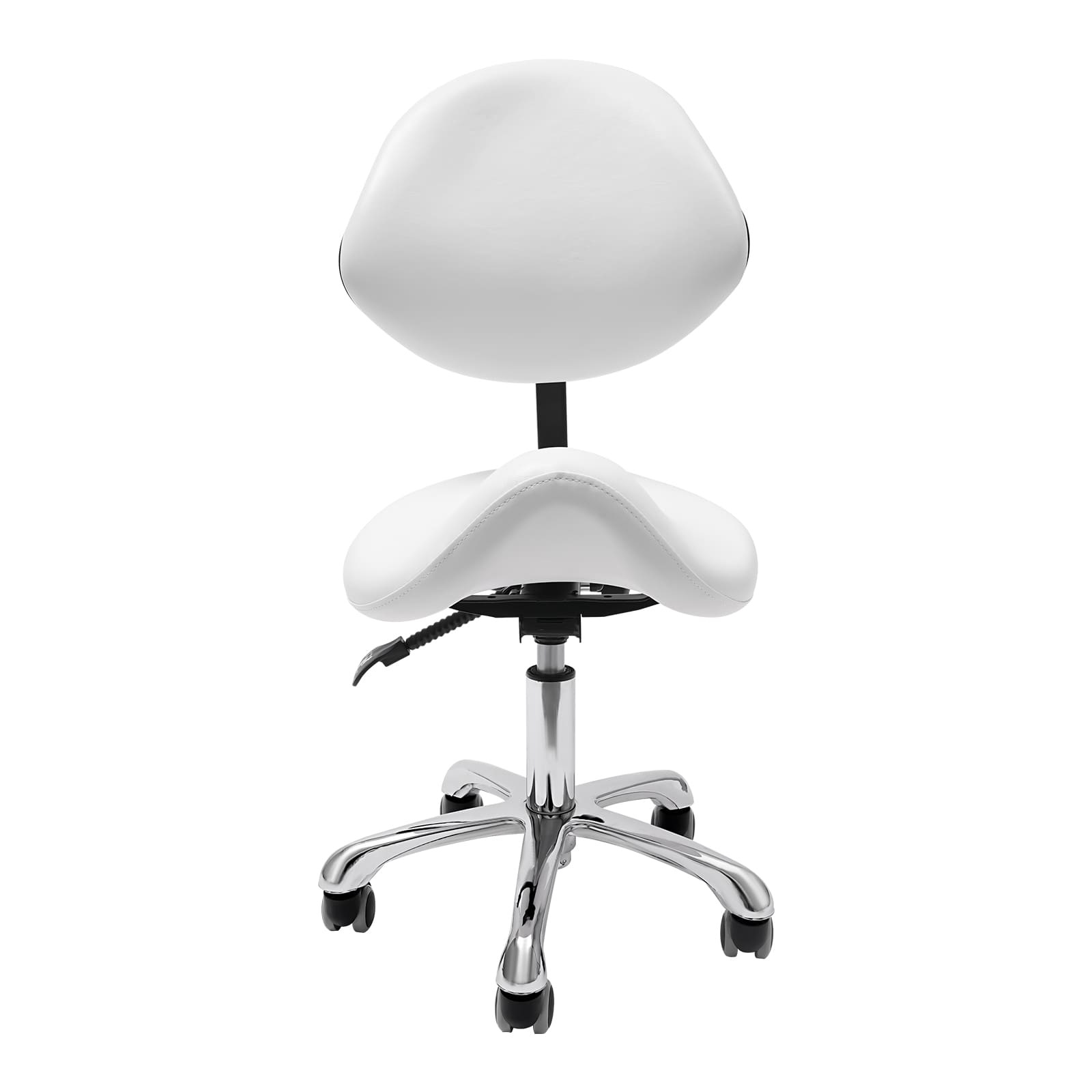 Verstellbarer Sattelhocker, Sitz schwenkbar 360°, für Büros, Friseursalons, Schönheitssalons, Kliniken etc. (weiß)