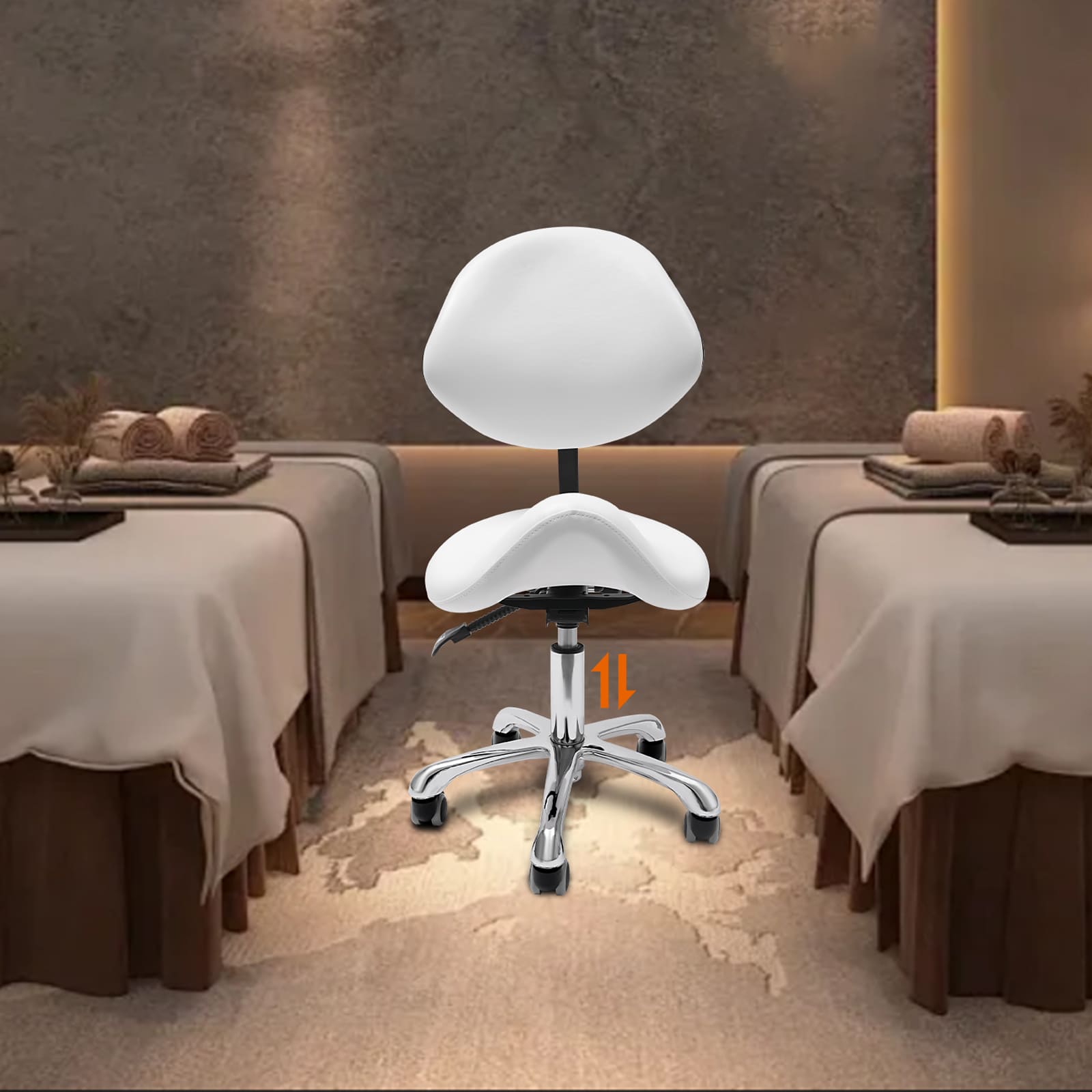 Verstellbarer Sattelhocker, Sitz schwenkbar 360°, für Büros, Friseursalons, Schönheitssalons, Kliniken etc. (weiß) Verstellbarer Sattelhocker, Sitz schwenkbar 360°, für Büros, Friseursalons, Schönheitssalons, Kliniken etc. (weiß)