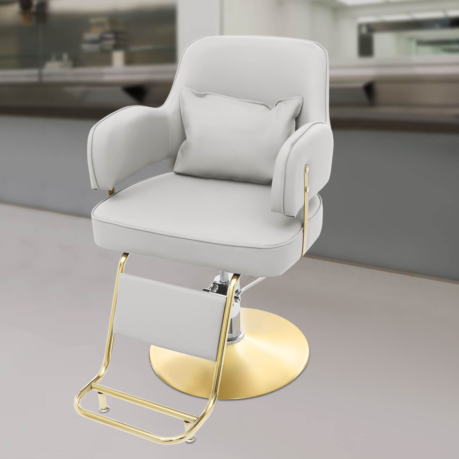 Light Grey and Gold Hairdressing Chair, Rotatable Hairdressing Chair, Barber Chair Iron, and PU for Haircuts, Facials