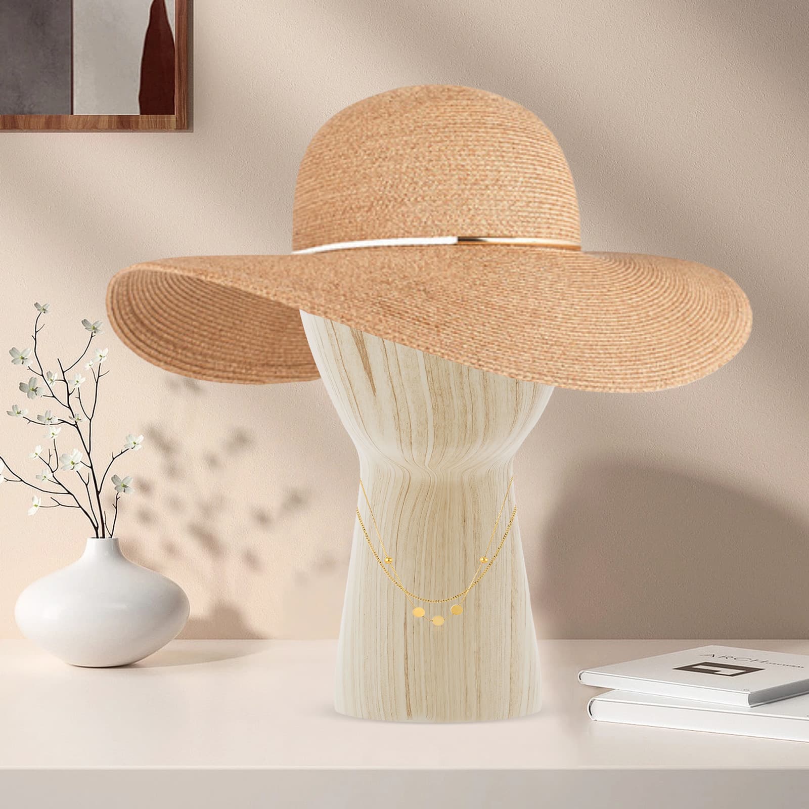 Tête courte de présentation, modèle de tête, circonférence de 56 cm - grain de bois clair, présentoir pour chapeau, perruque, présentoir pour tête de simulation