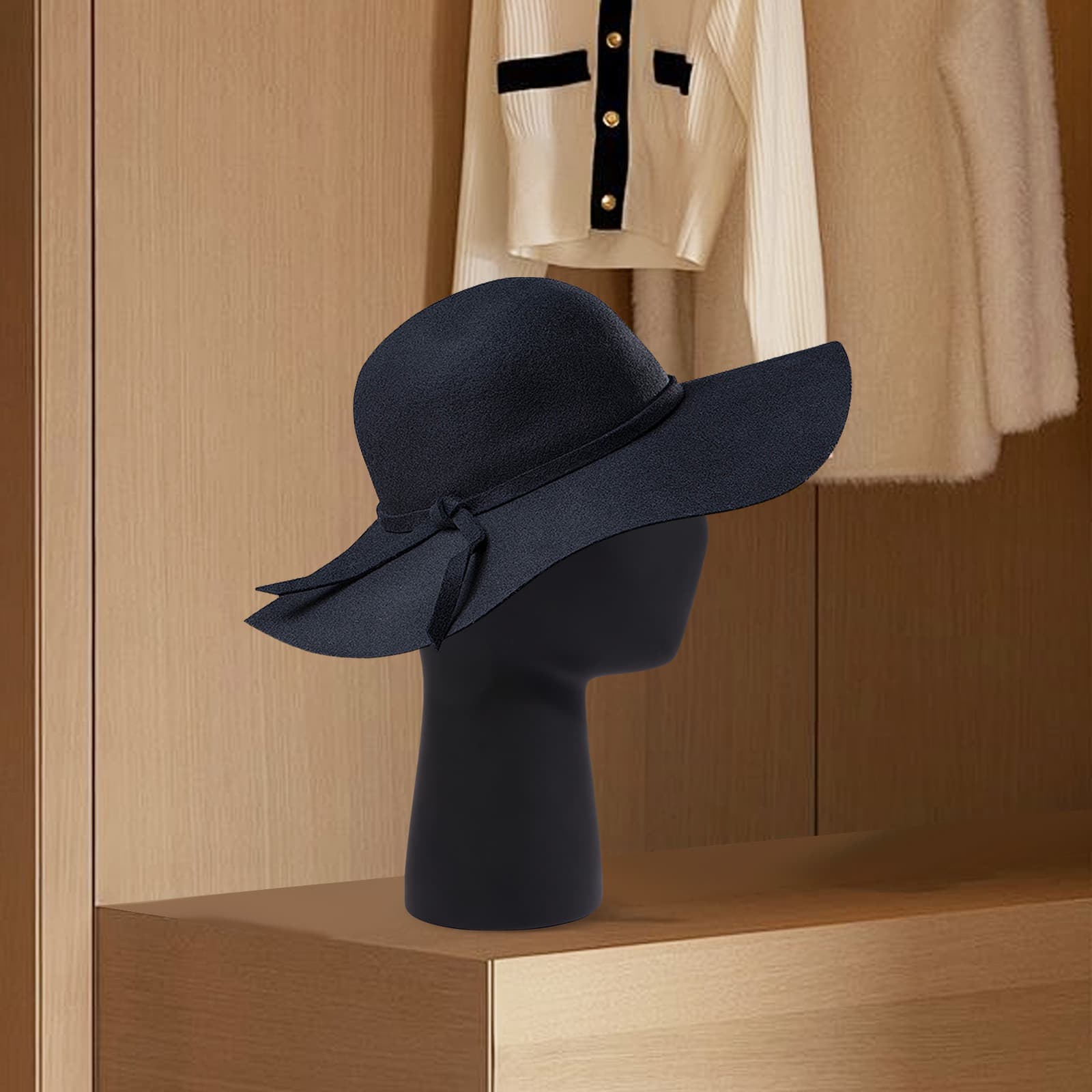 Kurzer Schaufensterkopf, Kopfumfang 56 cm, schwarz. Schaufensterpuppenkopfständer, Schaufensterpuppenkopfständer