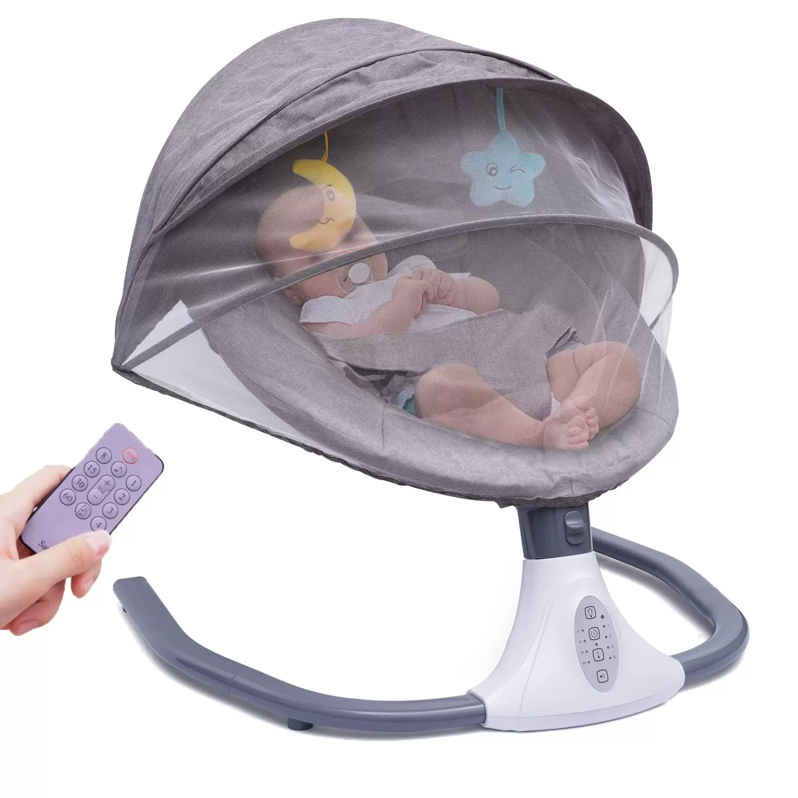 Babywippe Elektrische Schaukel Ferngesteuerter mit 4 Schaukelhöhen Timing Funktion Musik Abnehmbares Moskitonetz