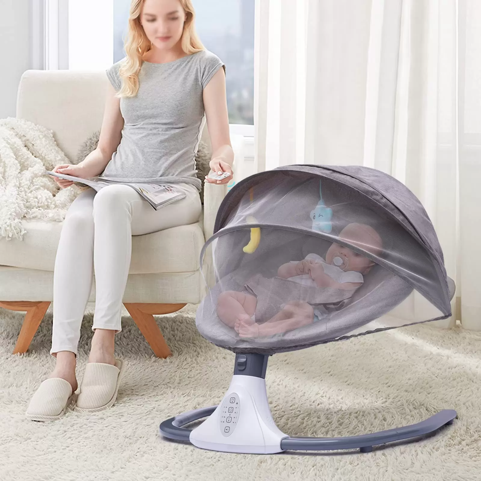 Babywippe Elektrische Schaukel Ferngesteuerter mit 4 Schaukelhöhen Timing Funktion Musik Abnehmbares Moskitonetz