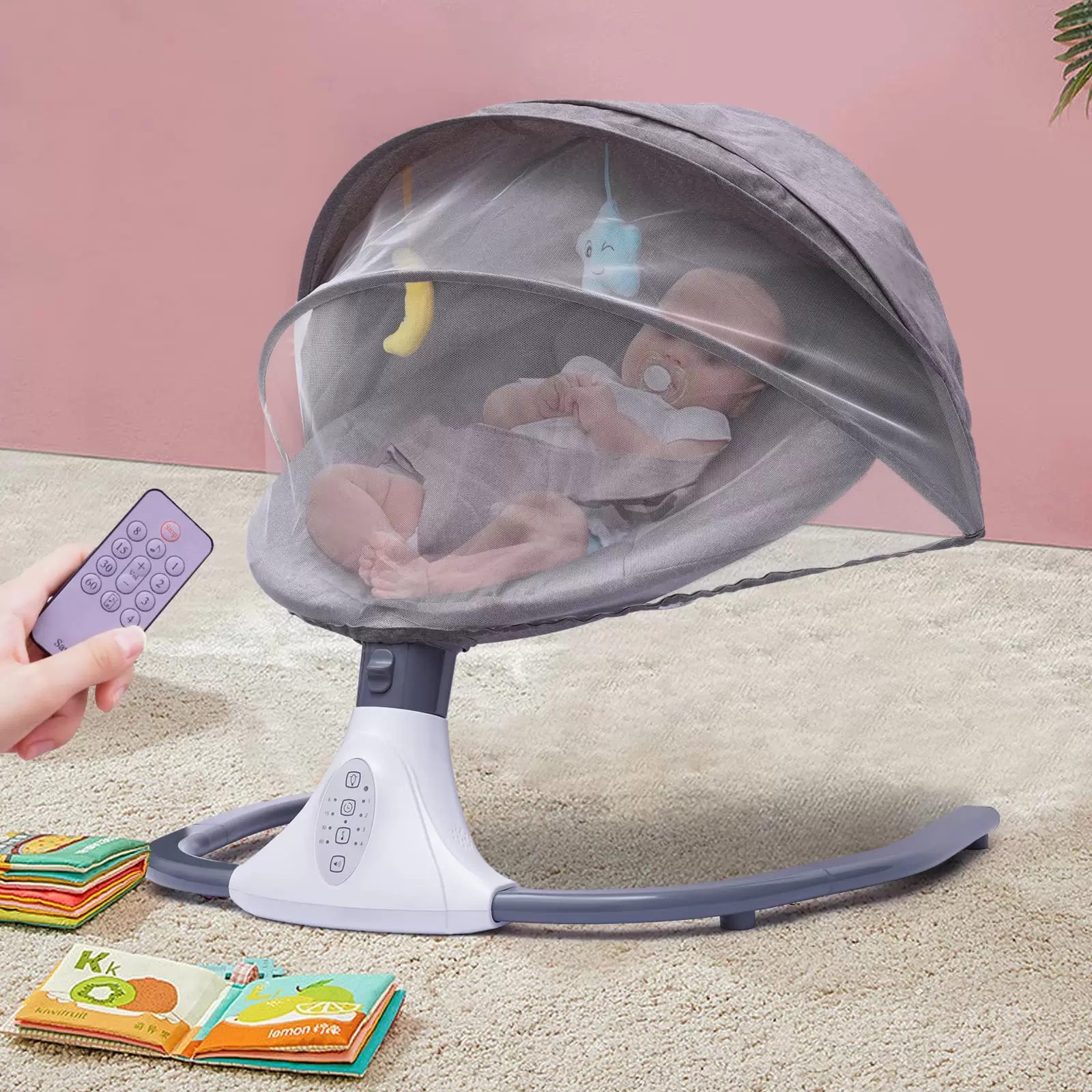 Babywippe Elektrische Schaukel Ferngesteuerter mit 4 Schaukelhöhen Timing Funktion Musik Abnehmbares Moskitonetz