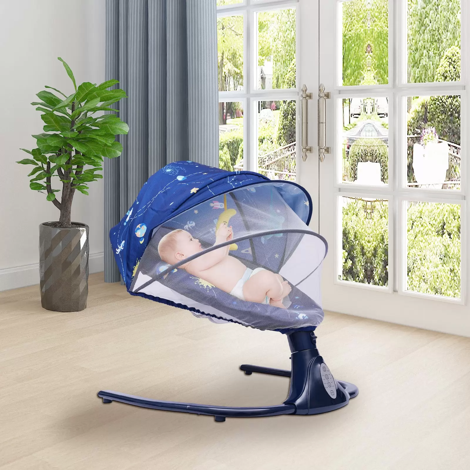 Babywippe Elektrische Schaukel Ferngesteuerter mit 4 Schaukelhöhen Timing Funktion Musik Abnehmbares Moskitonetz