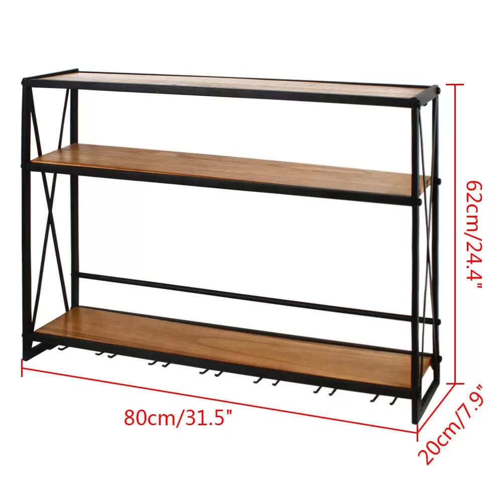 Wandmontiertes Weinregal 3 Tiers Weinflaschen-Lagerregal aus Metall an der Wand mit Glasbecherhalter
