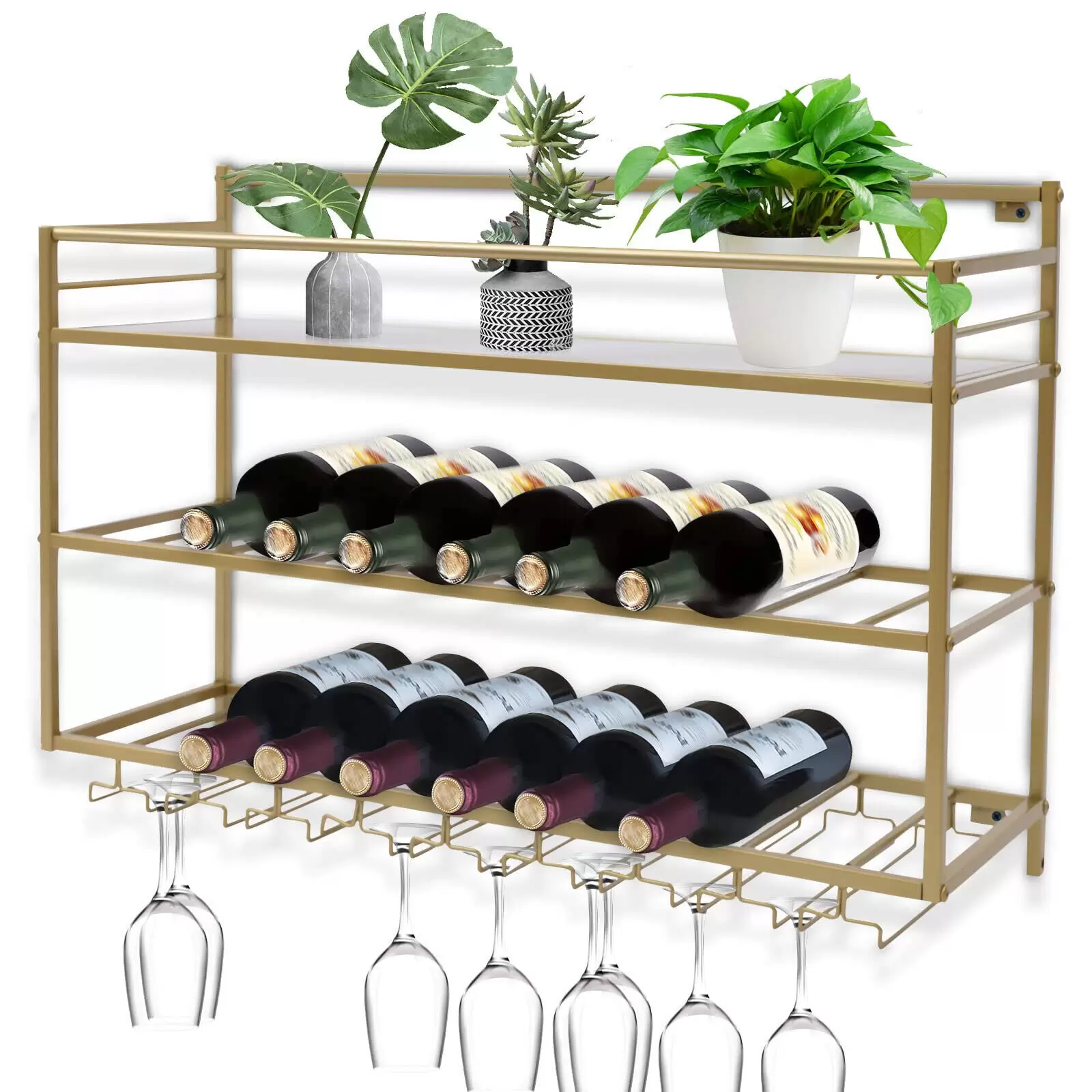 3Tier Weinregal Hängeregal mit Wine Glass Holders,MetallWeinregale (Gold)