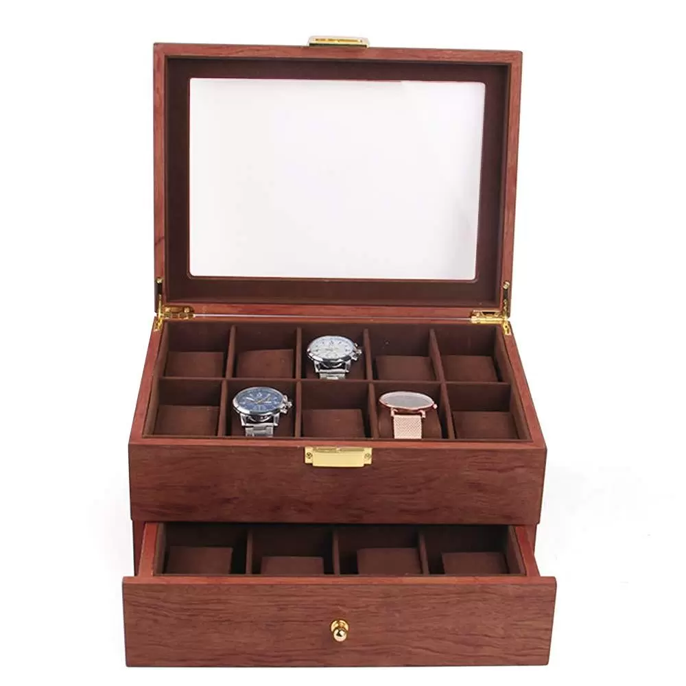 Elegant Uhrenbox Uhren Organizer aus Holz Doppelschicht Uhrenkoffer für 20 Uhrenr