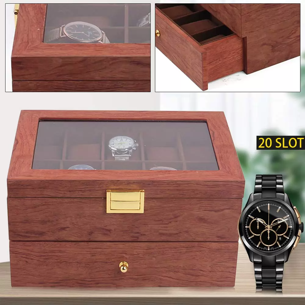 Elegant Uhrenbox Uhren Organizer aus Holz Doppelschicht Uhrenkoffer für 20 Uhrenr
