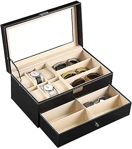 Geschenk Uhrenbox Schwarz Uhrenkoffer Pu Leder Für 6 Uhrenkasten+9 Brillentuis