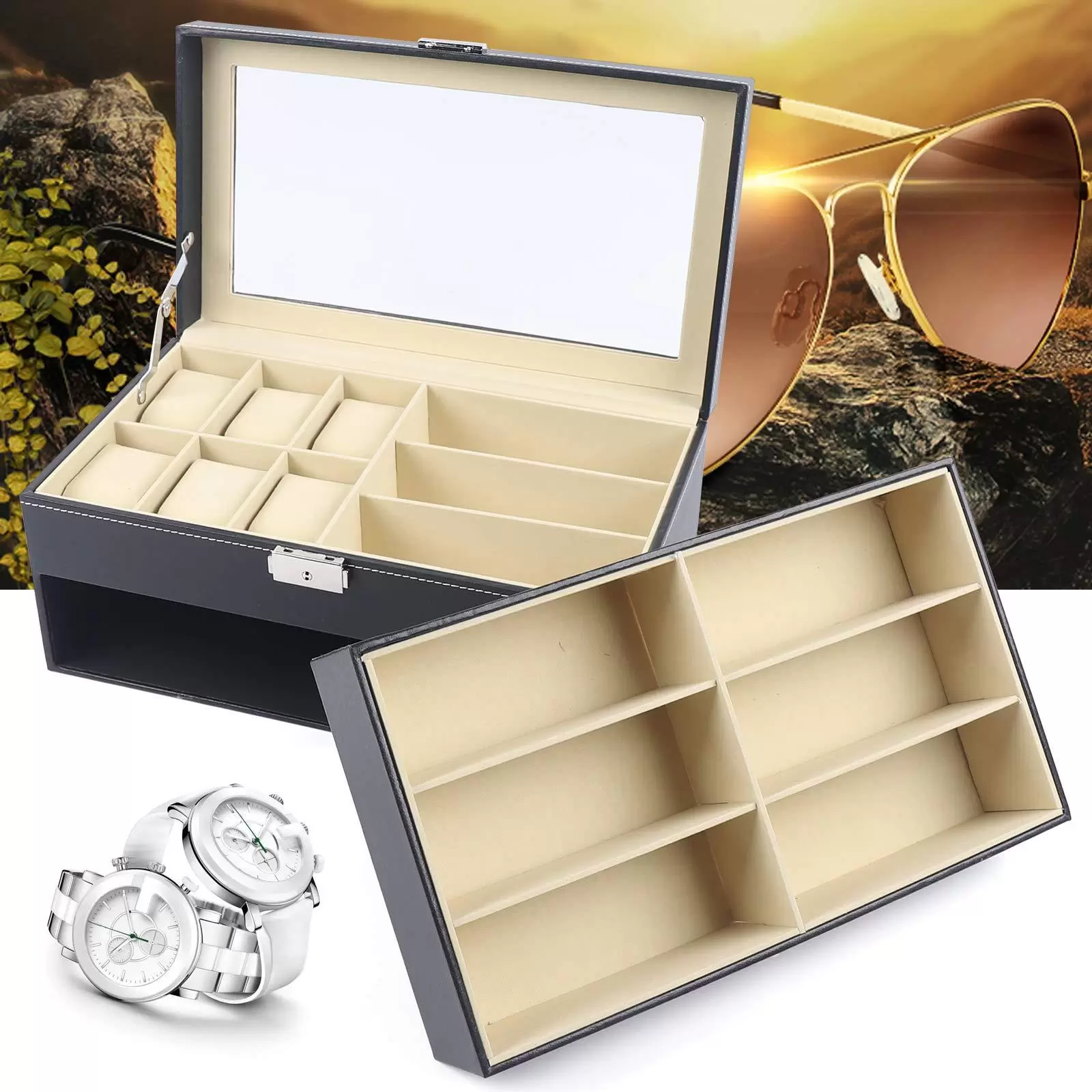Geschenk Uhrenbox Schwarz Uhrenkoffer Pu Leder Für 6 Uhrenkasten+9 Brillentuis