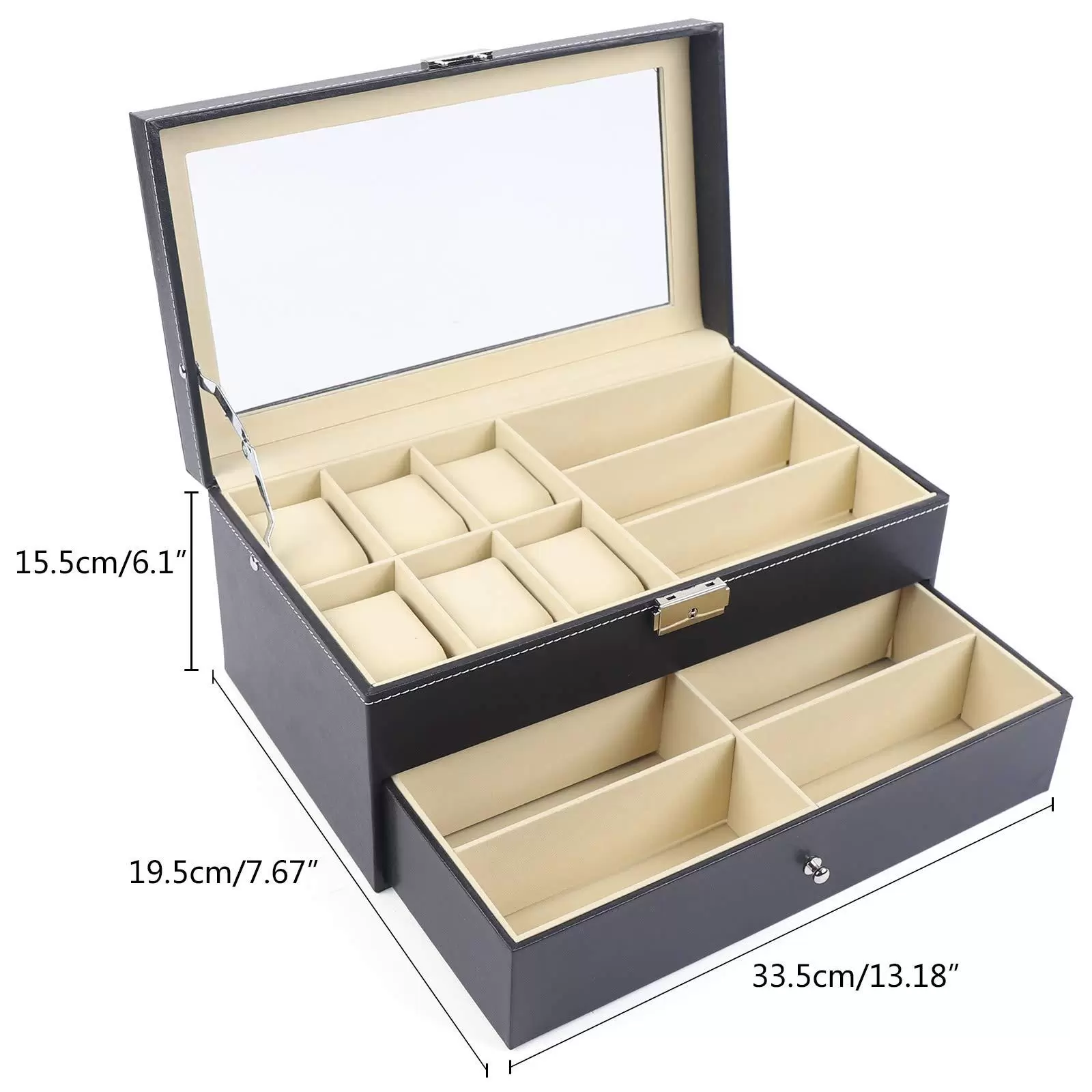 Geschenk Uhrenbox Schwarz Uhrenkoffer Pu Leder Für 6 Uhrenkasten+9 Brillentuis