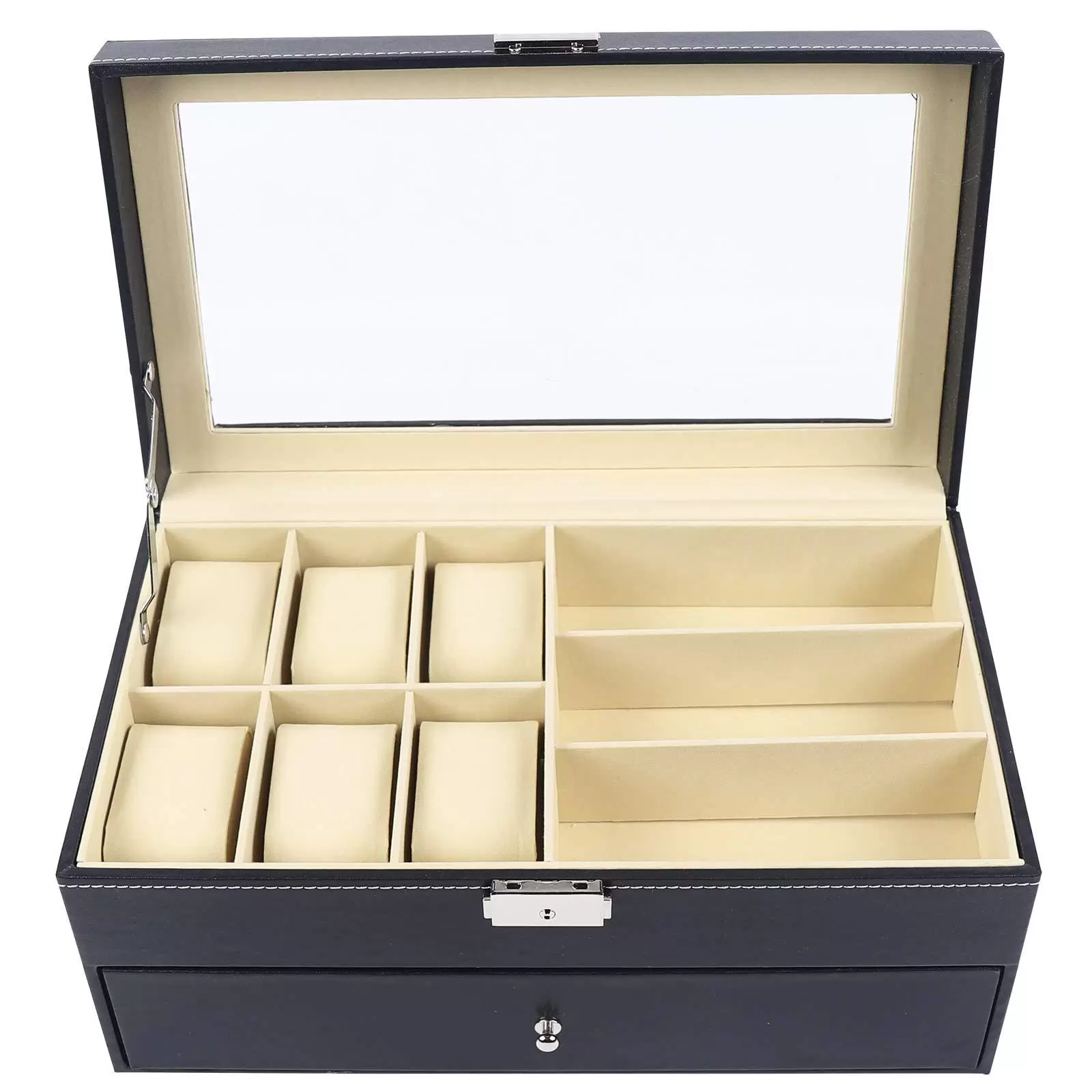 Geschenk Uhrenbox Schwarz Uhrenkoffer Pu Leder Für 6 Uhrenkasten+9 Brillentuis