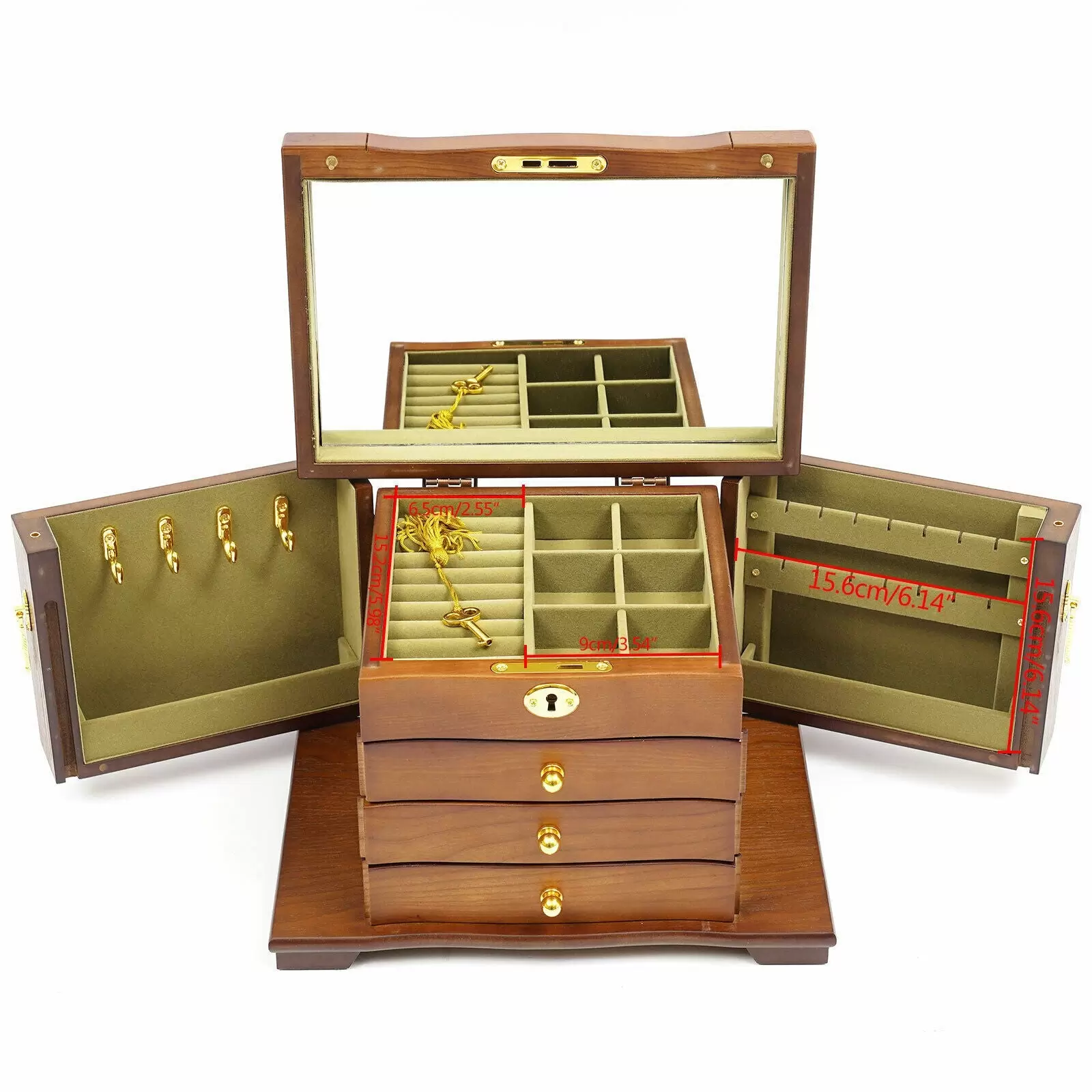4 Schicht Holz Schmuckschatulle Make-up Schmuckbox Aufbewahrungsbox mit Spiegel